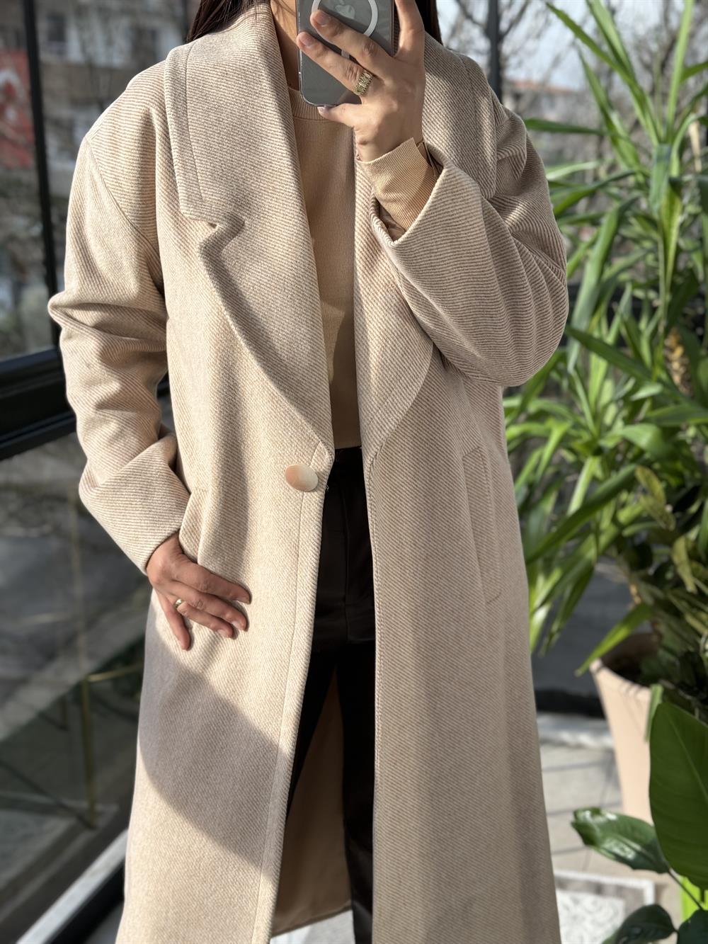 Yün Geniş Yaka Kaban Camel