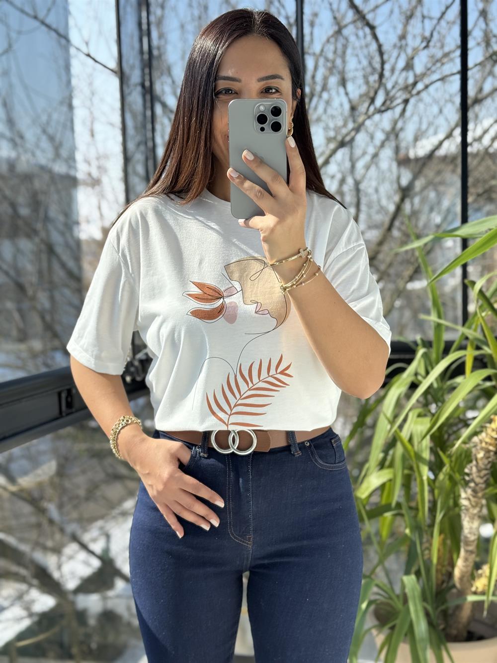 Yüz Yaprak Baskılı Tişört Pembe