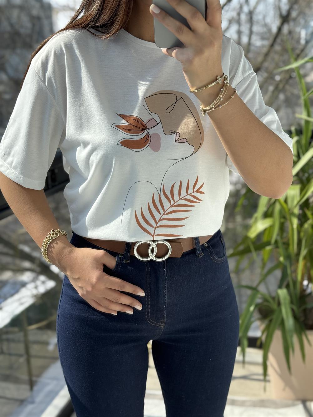 Yüz Yaprak Baskılı Tişört Pembe