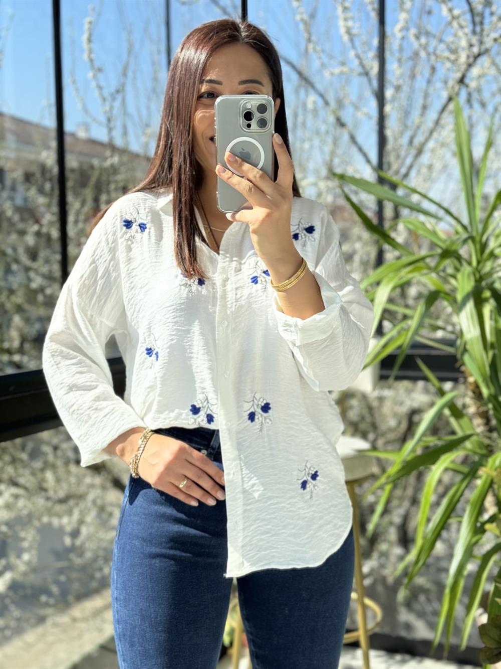 Zeytin Dalı Pamuklu Gömlek Beyaz