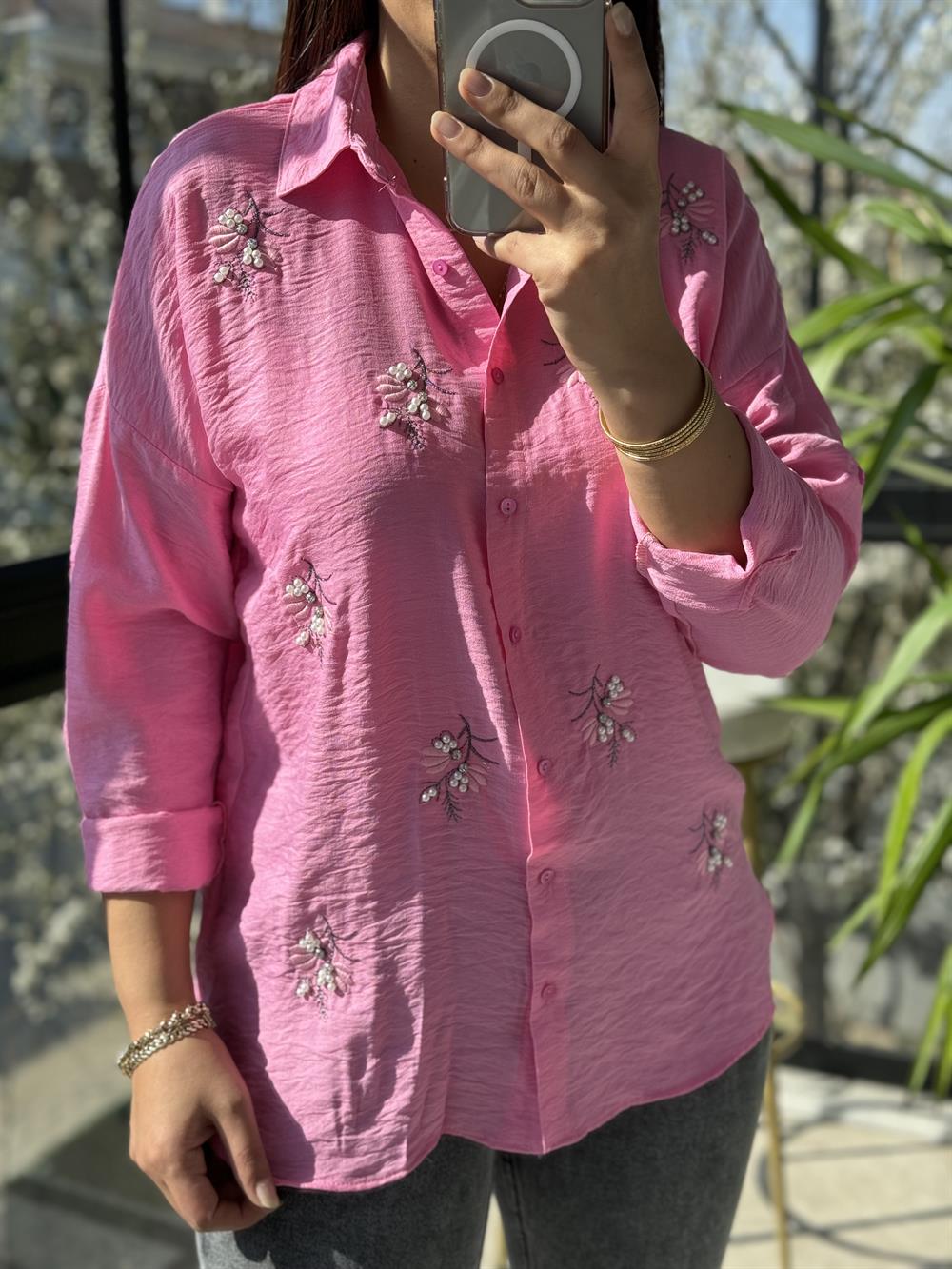 Zeytin Dalı Pamuklu Gömlek Pembe