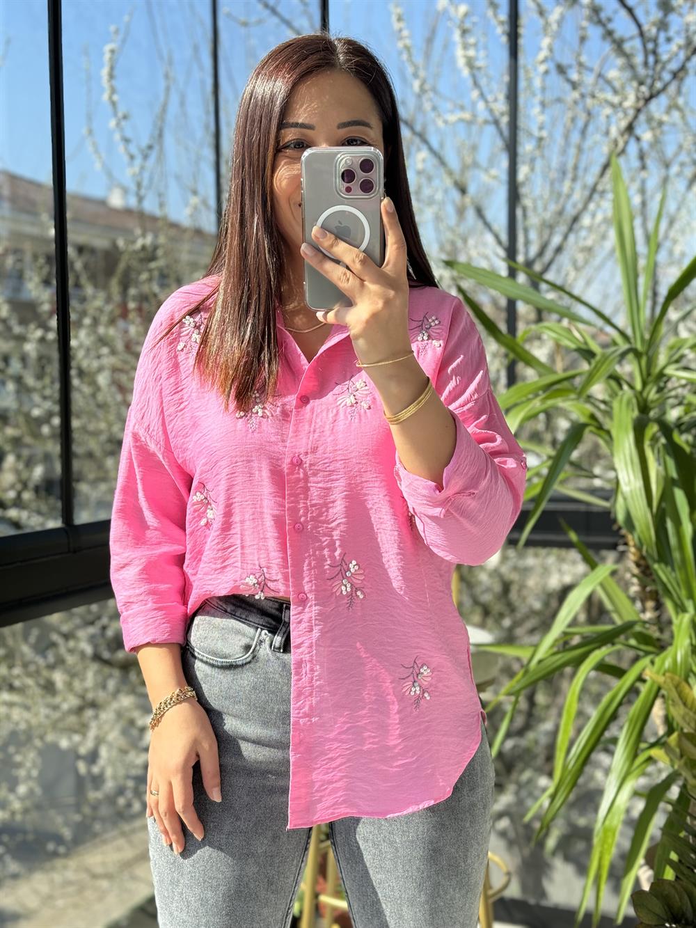 Zeytin Dalı Pamuklu Gömlek Pembe