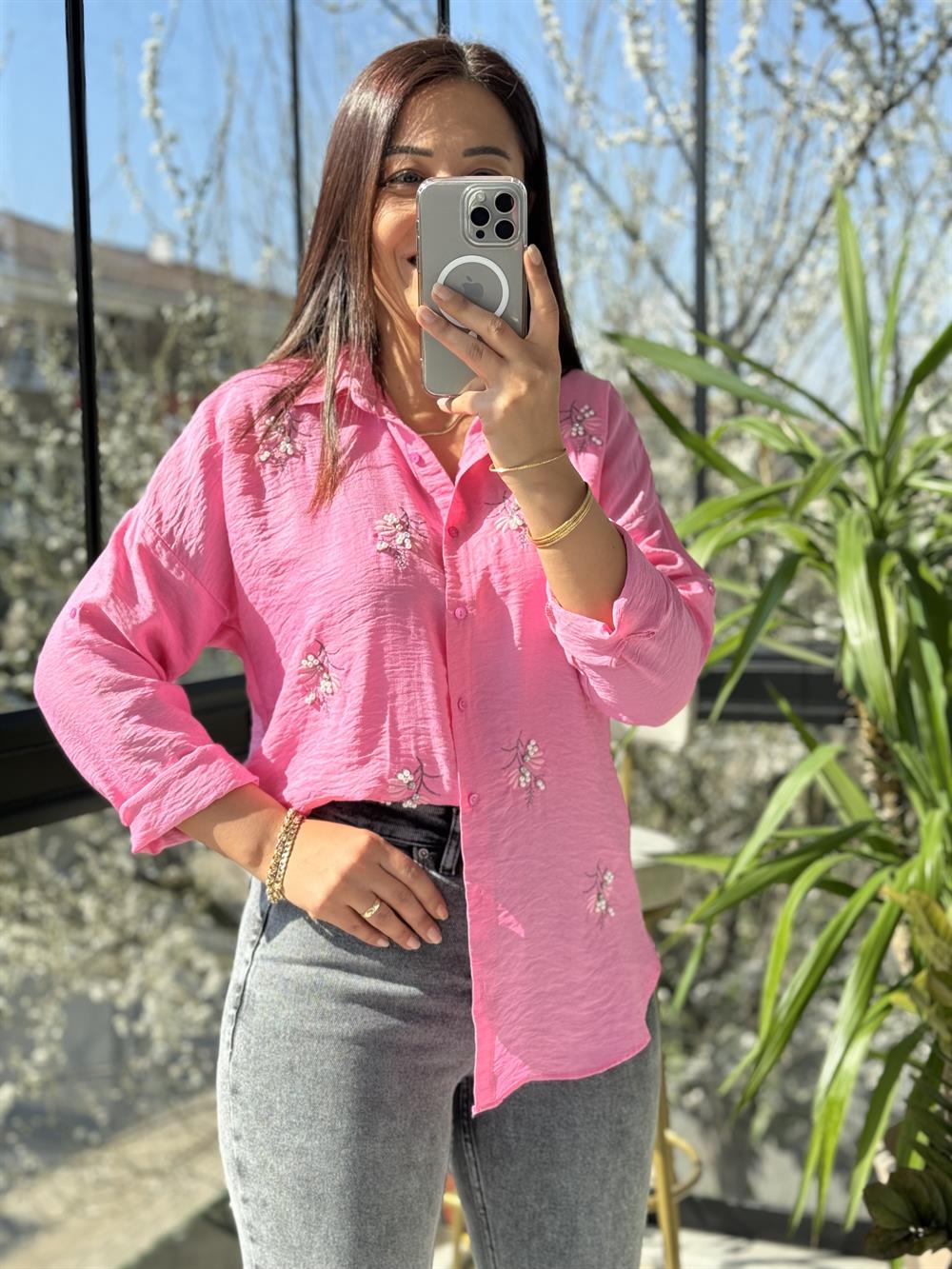 Zeytin Dalı Pamuklu Gömlek Pembe