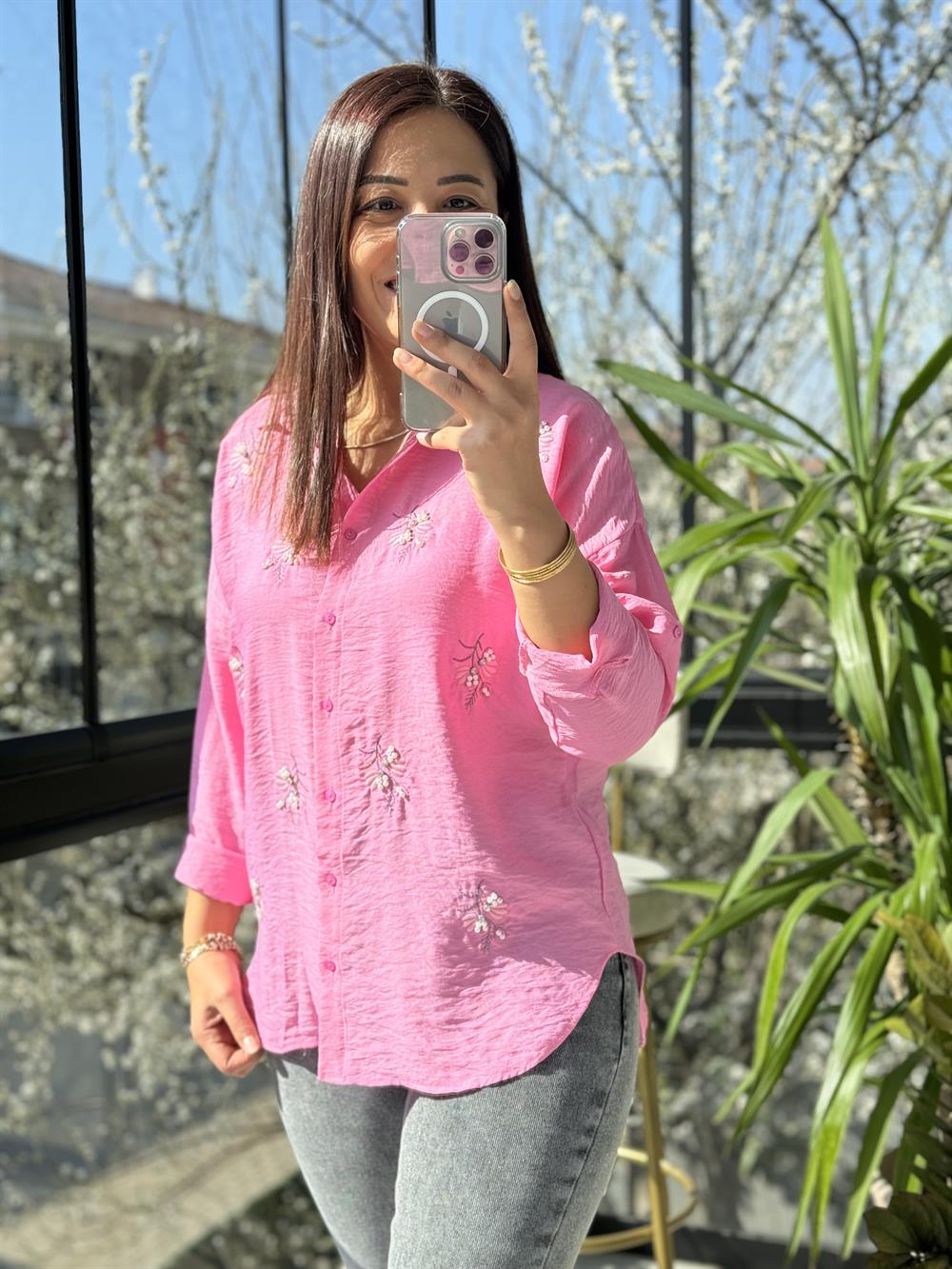 Zeytin Dalı Pamuklu Gömlek Pembe