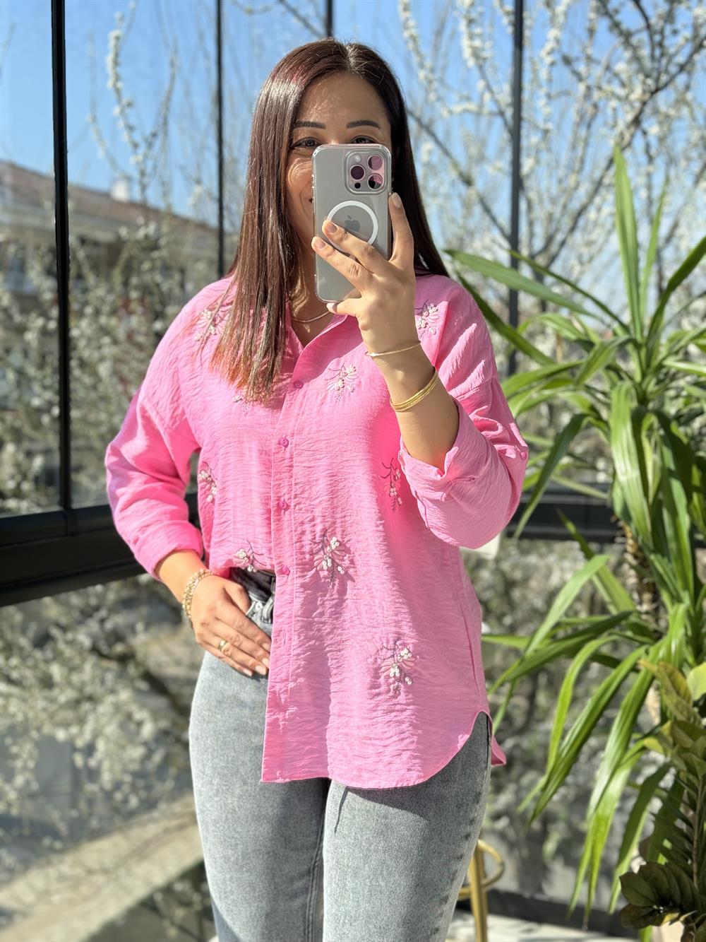 Zeytin Dalı Pamuklu Gömlek Pembe