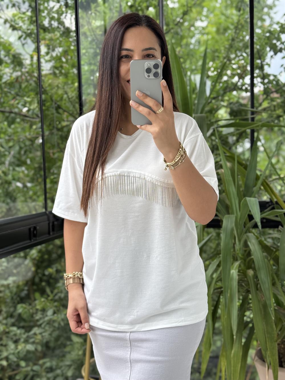 Zincirli Tişört Beyaz