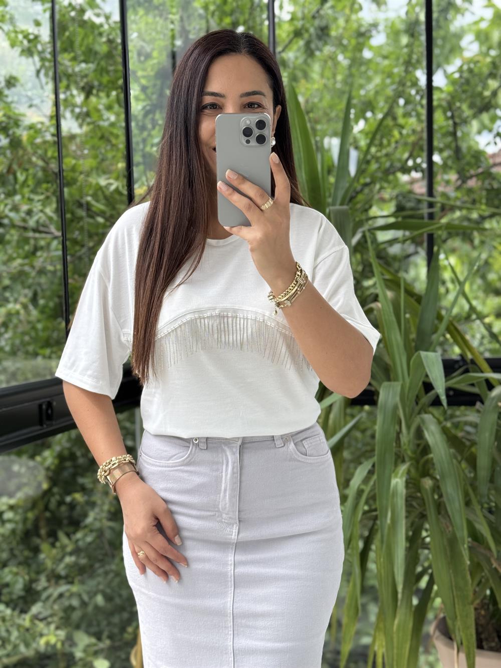 Zincirli Tişört Beyaz