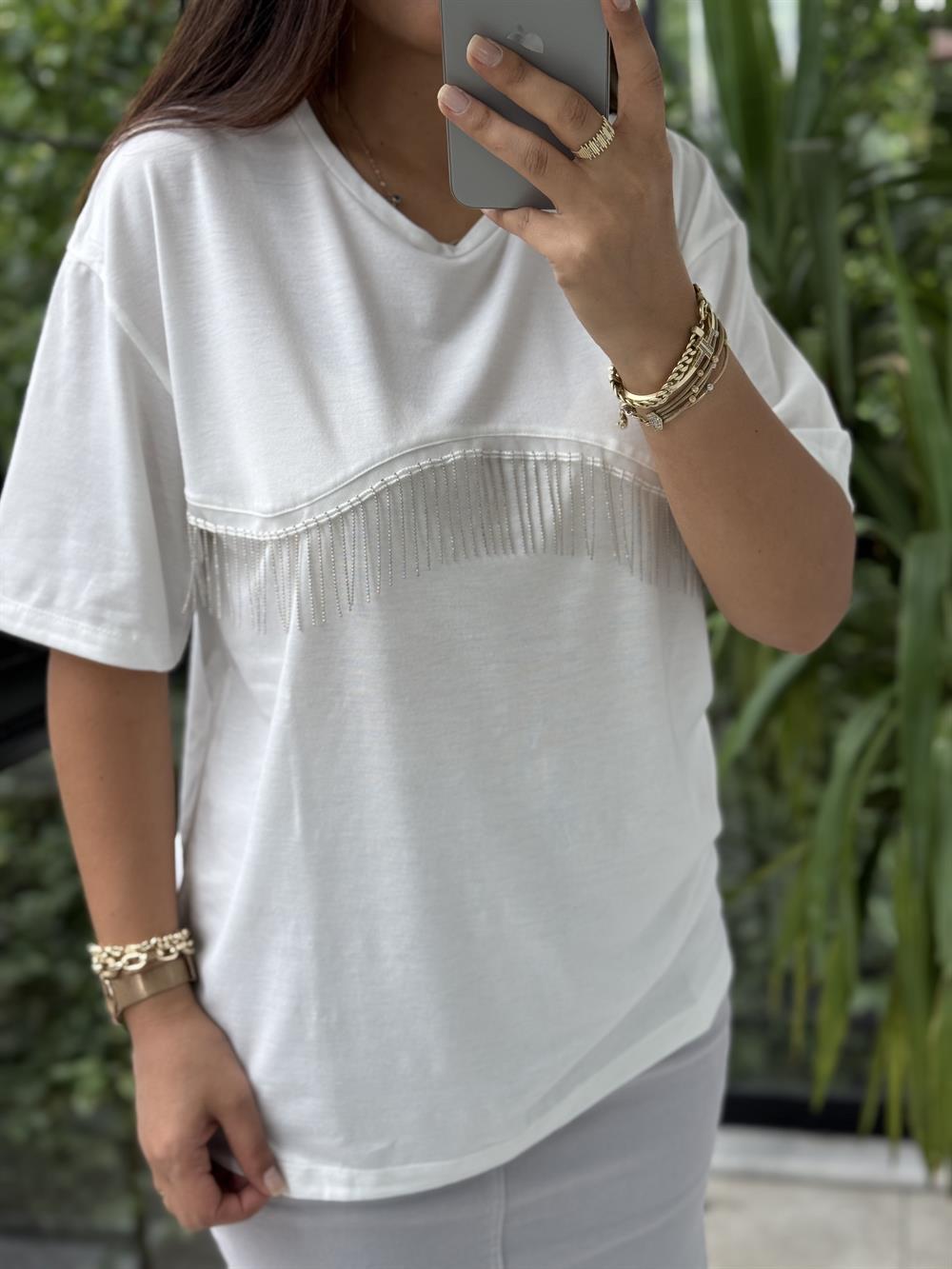 Zincirli Tişört Beyaz