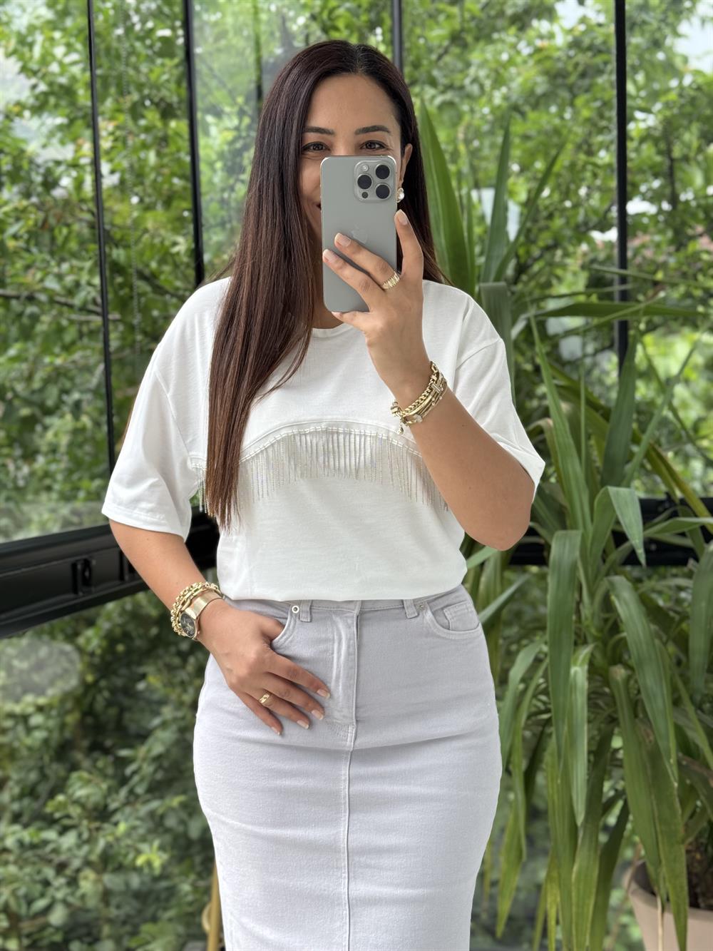 Zincirli Tişört Beyaz