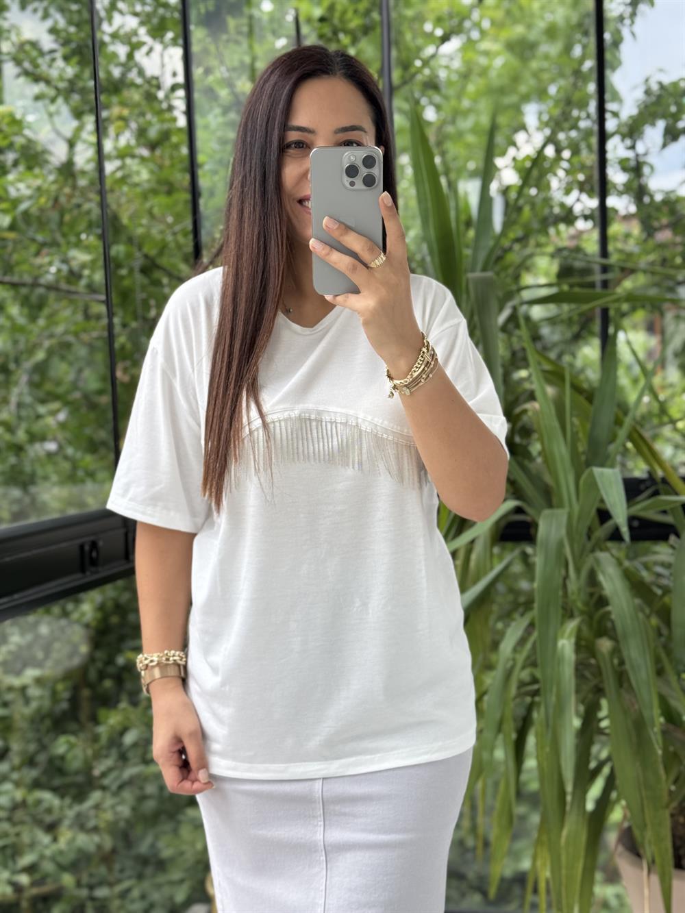 Zincirli Tişört Beyaz