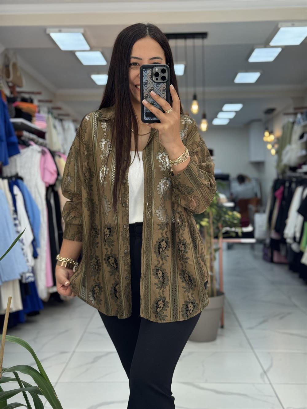 Zra Güpürlü Dantelli Gömlek Haki Yeşili