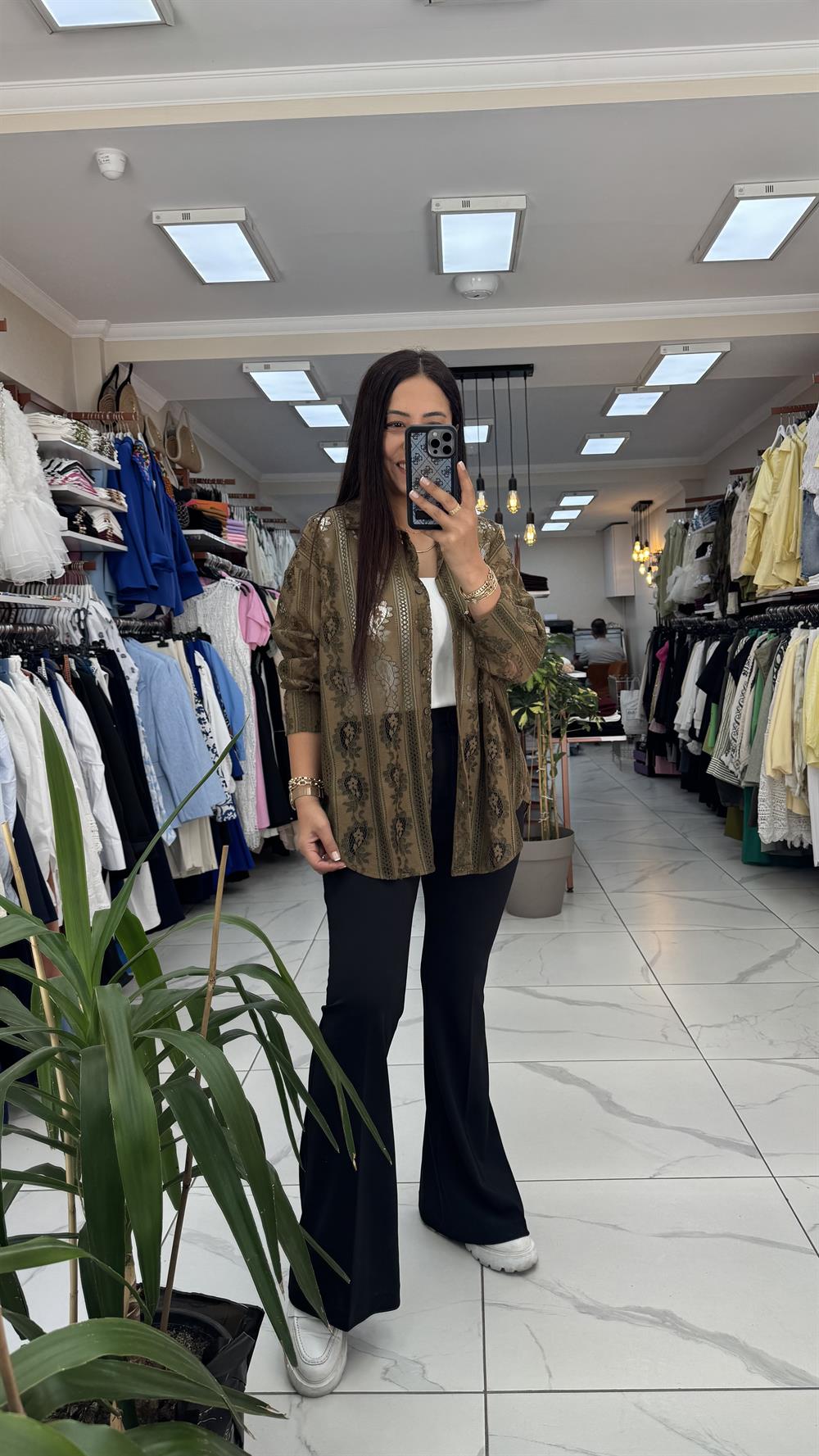 Zra Güpürlü Dantelli Gömlek Haki Yeşili