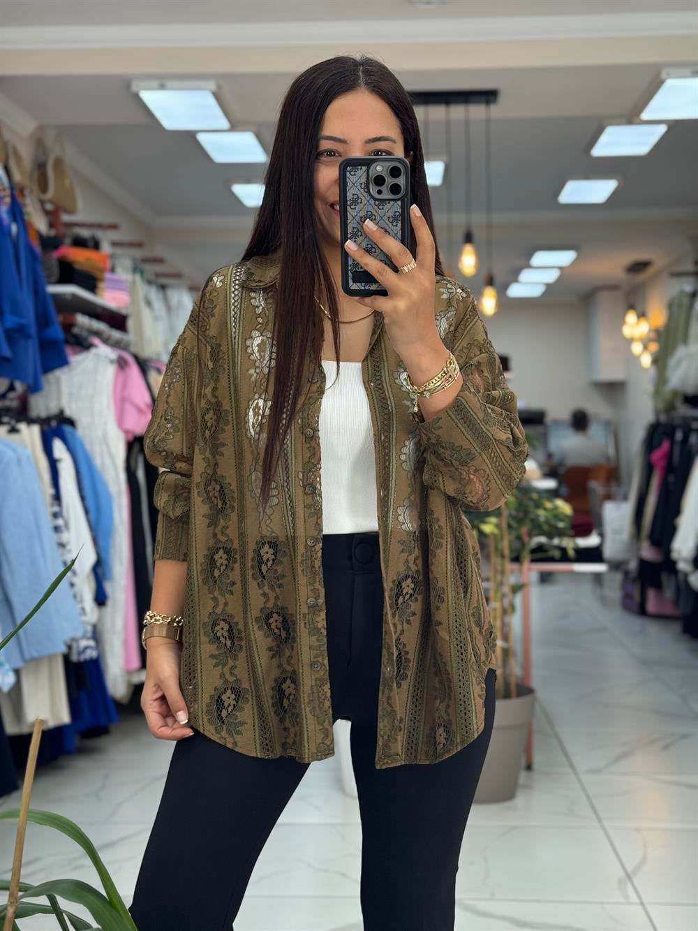 Zra Güpürlü Dantelli Gömlek Haki Yeşili