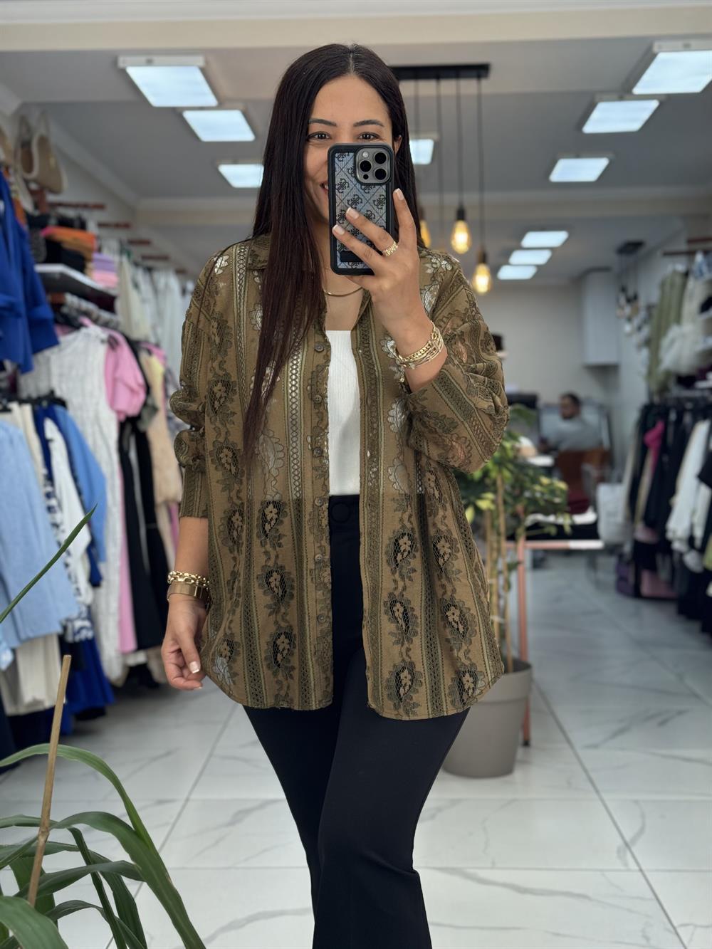 Zra Güpürlü Dantelli Gömlek Haki Yeşili