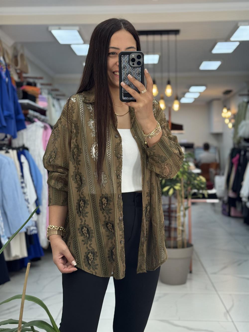 Zra Güpürlü Dantelli Gömlek Haki Yeşili