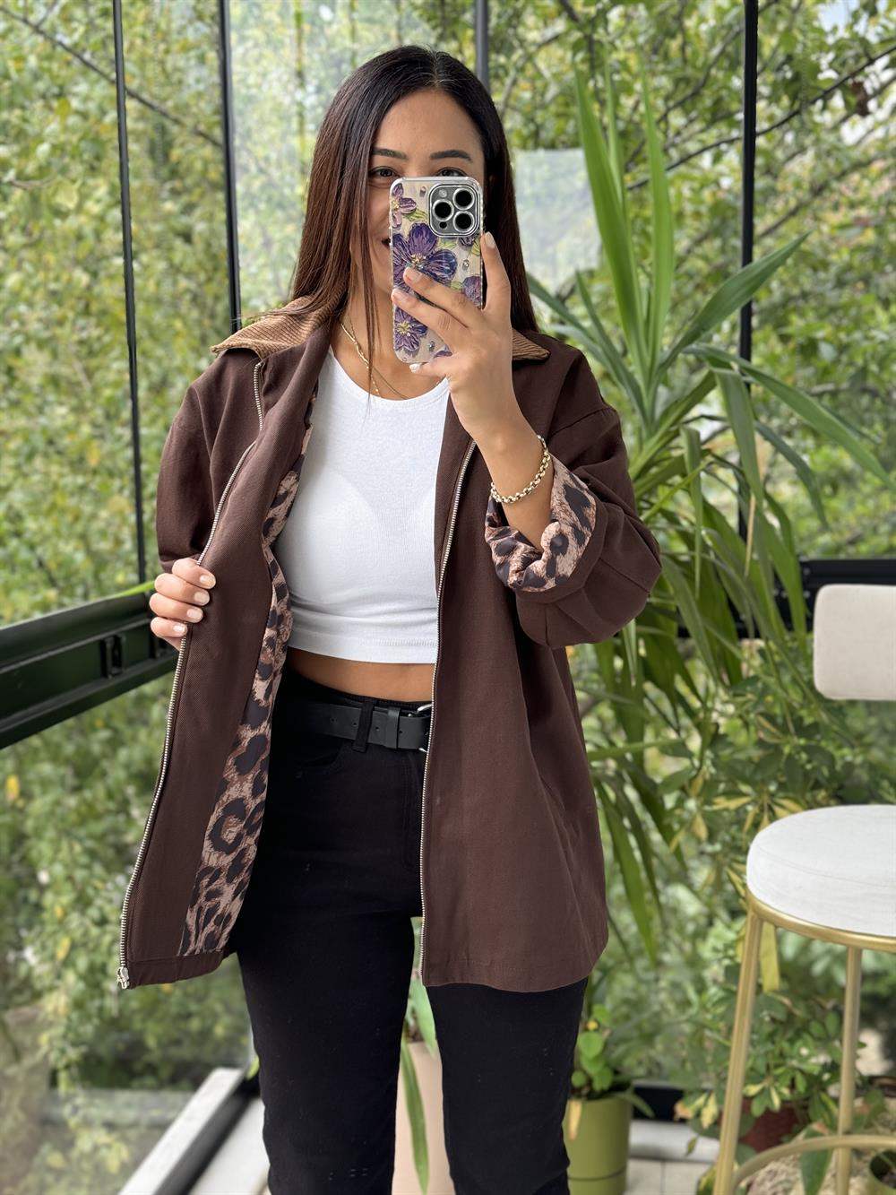 Zra İç Astarı Leopar Gabardin Trenç Kahve