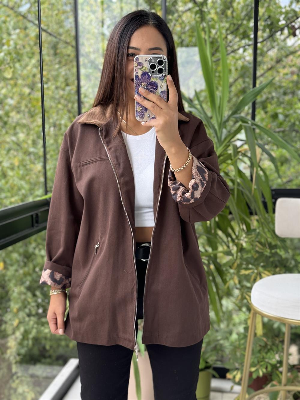 Zra İç Astarı Leopar Gabardin Trenç Kahve