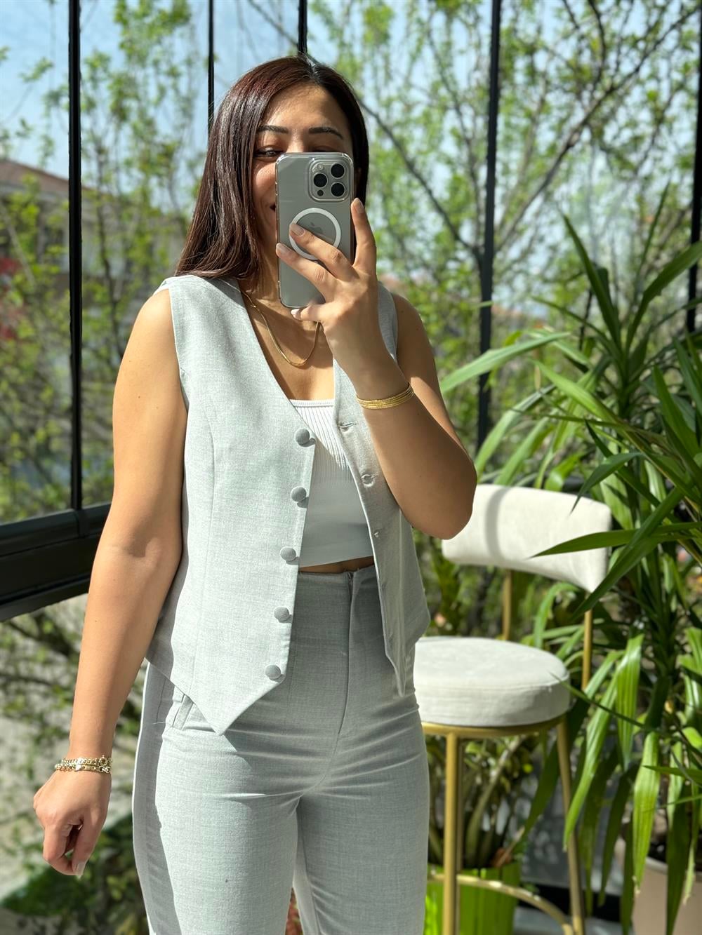 Zra Model Yelekli Takım Gri