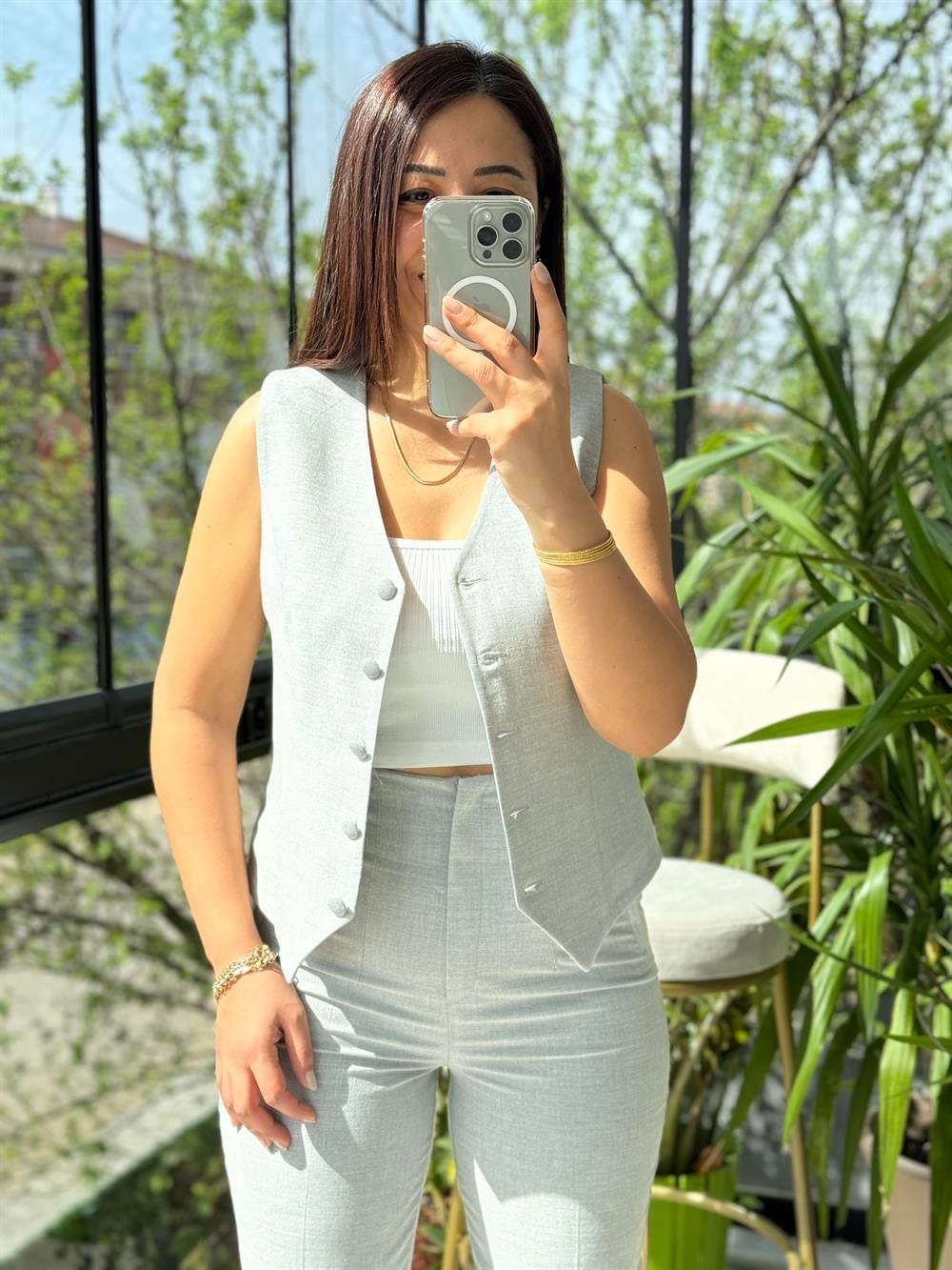 Zra Model Yelekli Takım Gri