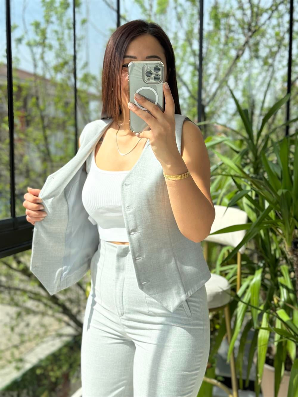 Zra Model Yelekli Takım Gri