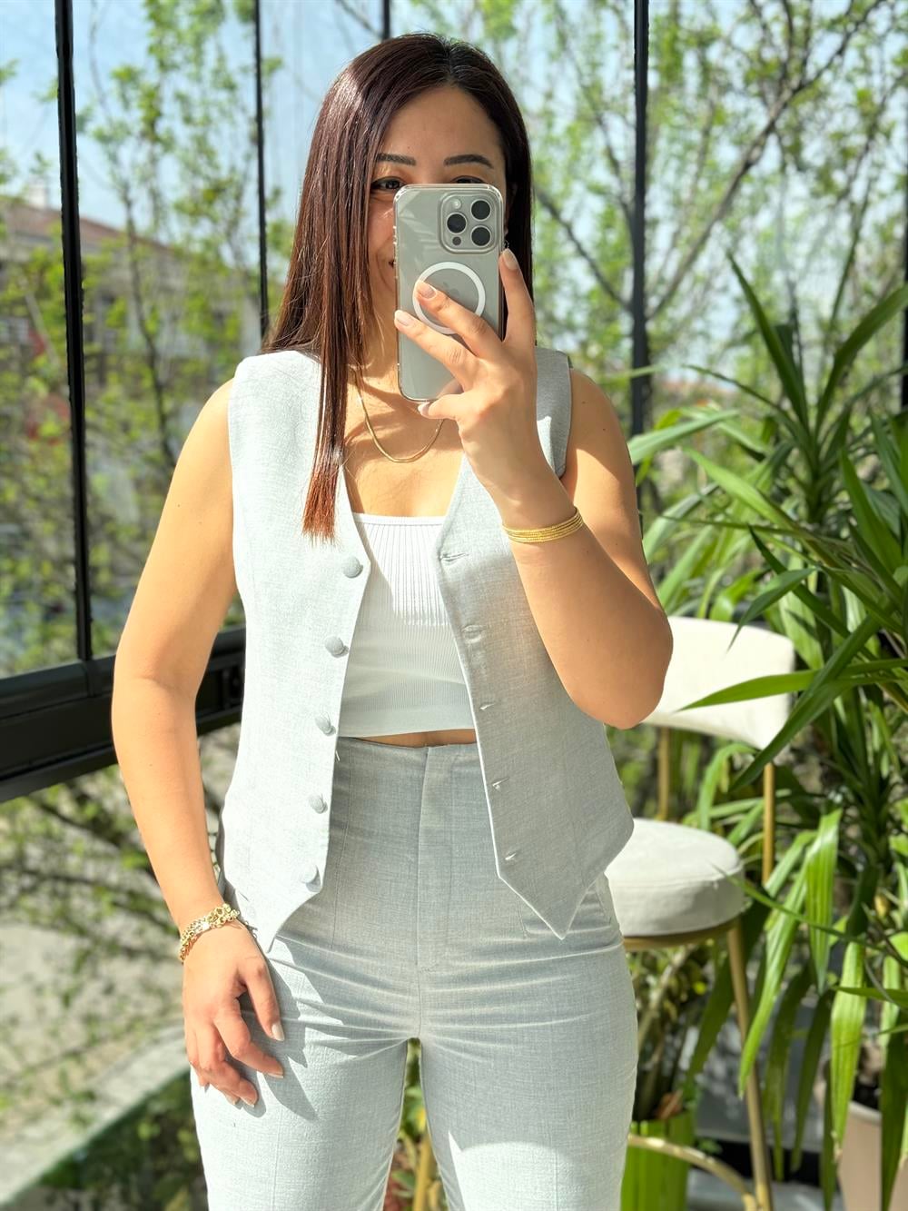 Zra Model Yelekli Takım Gri