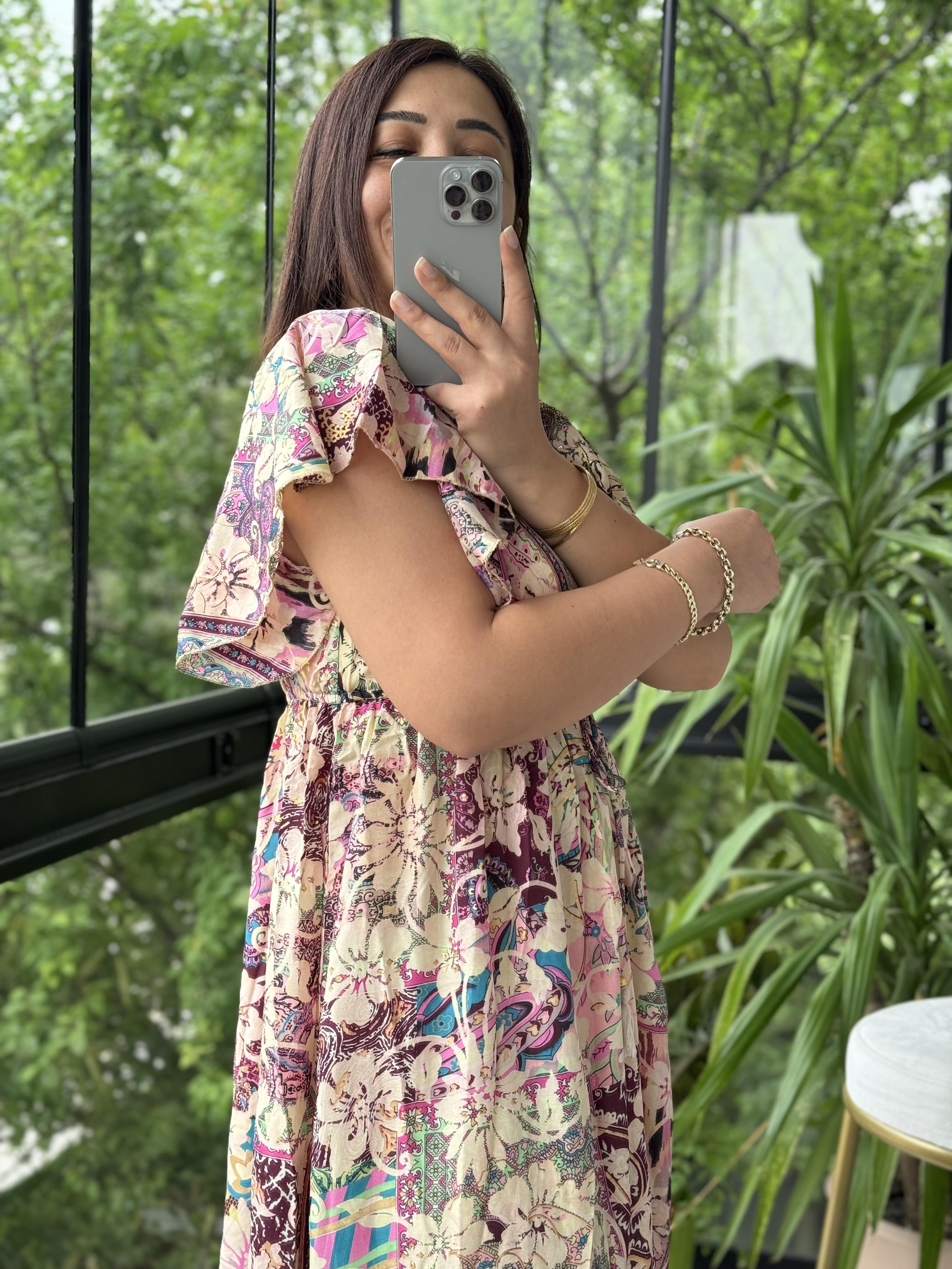  V Detay Etnik Desen Elbise Pembe