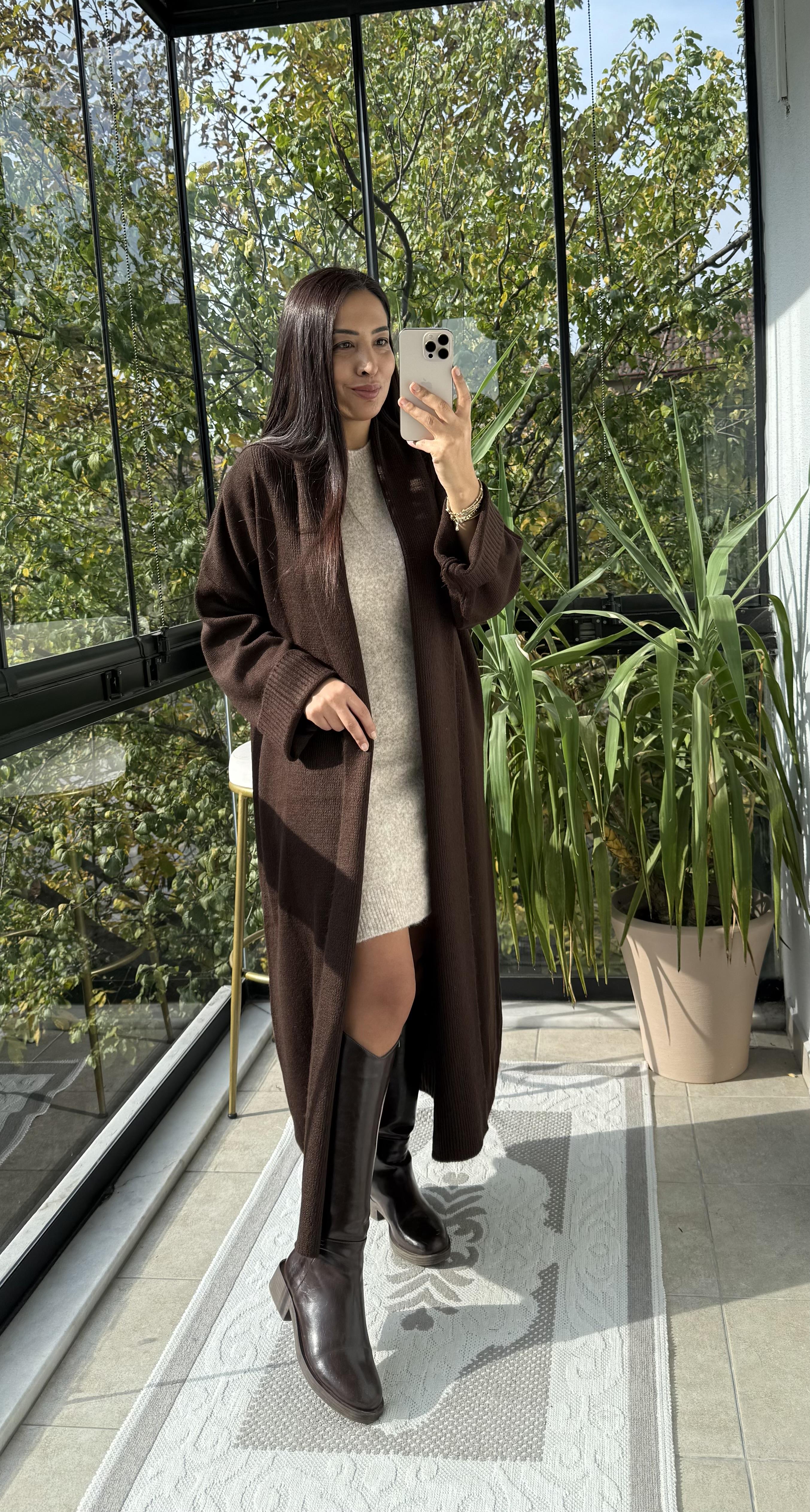 Şal Yaka Uzun Hırka Kahve