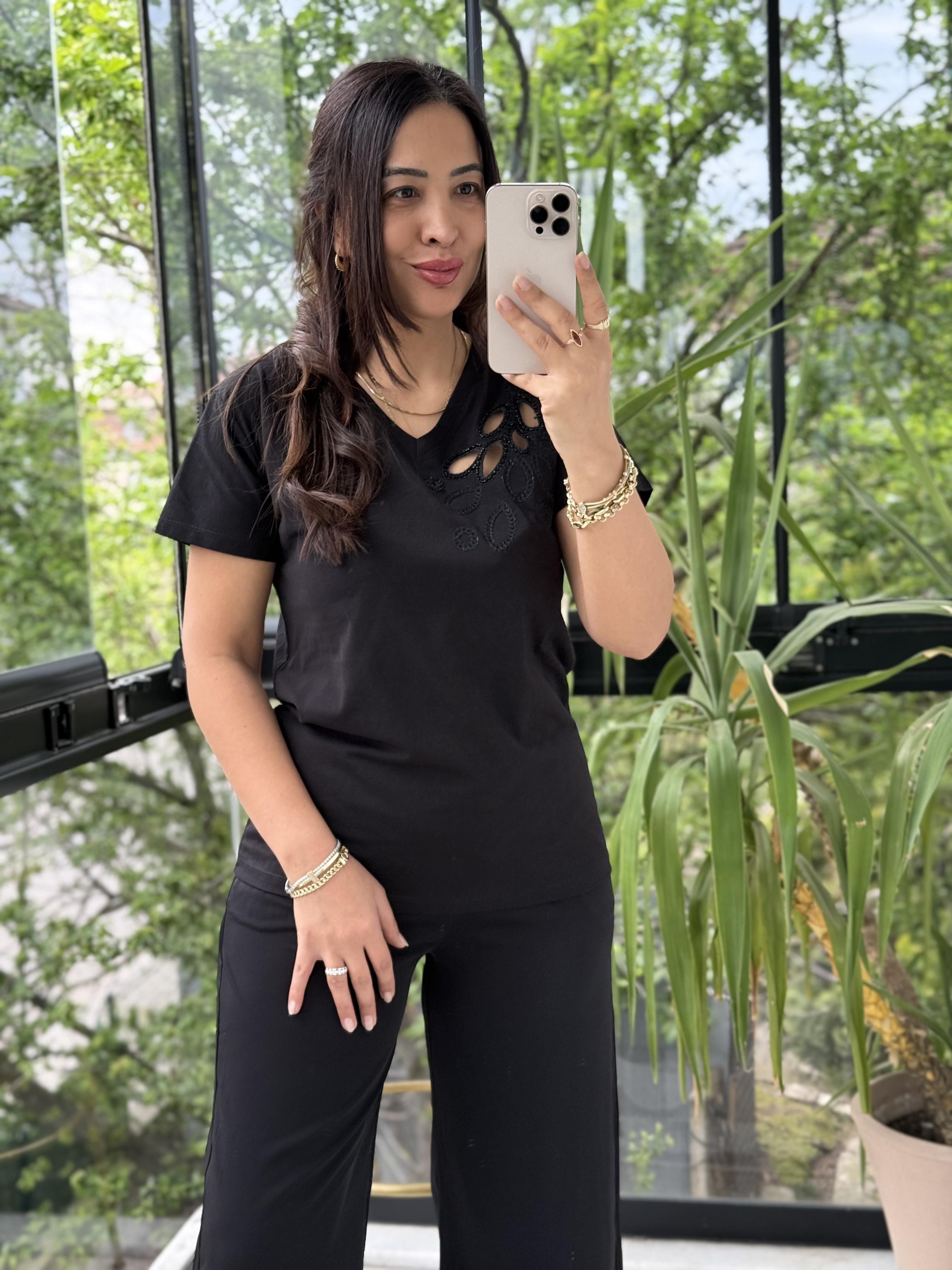 Tek Omzu Lazerli Boncuklu Siyah