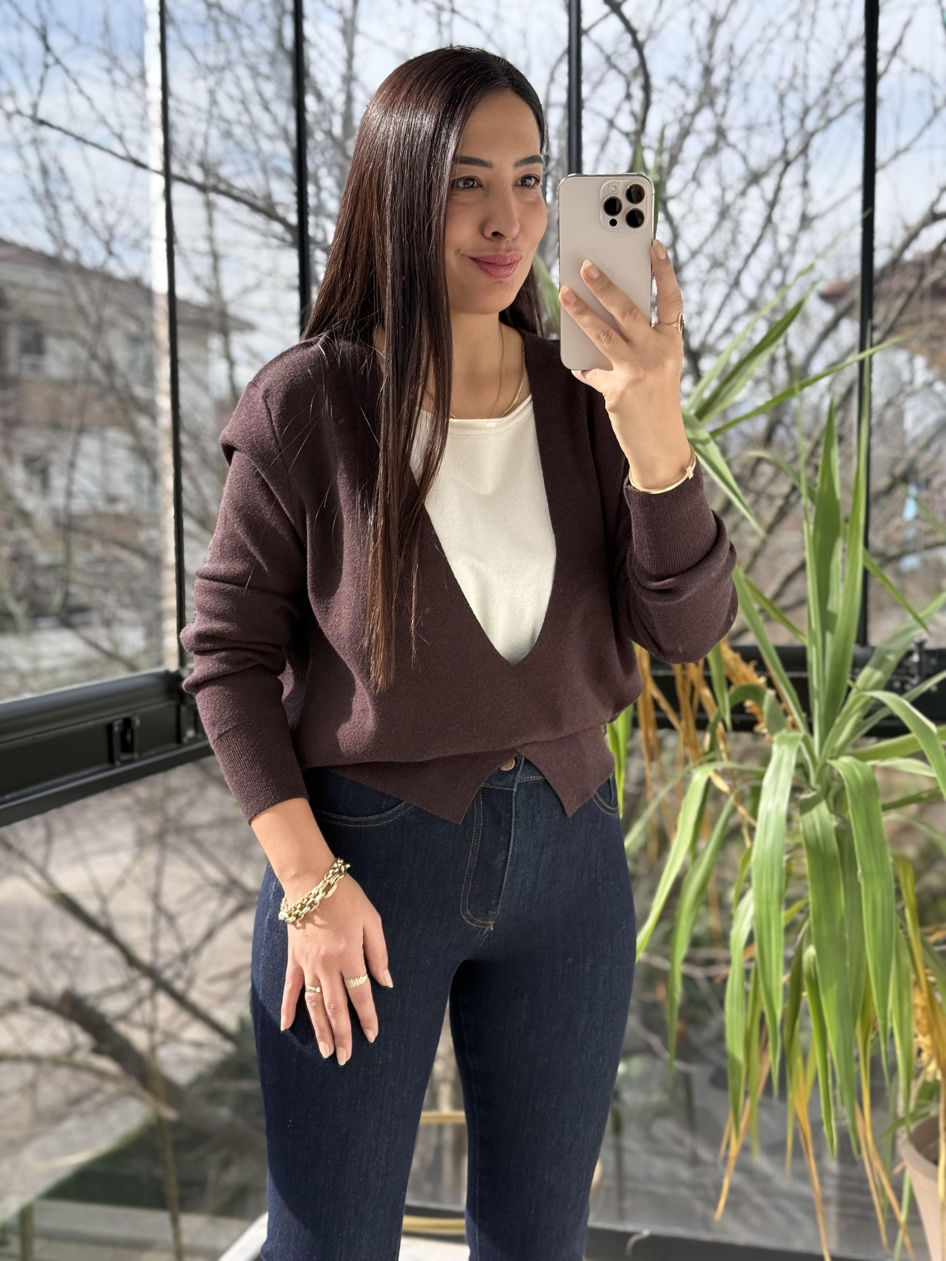 Çift Parça Görünümlü Triko Kahve