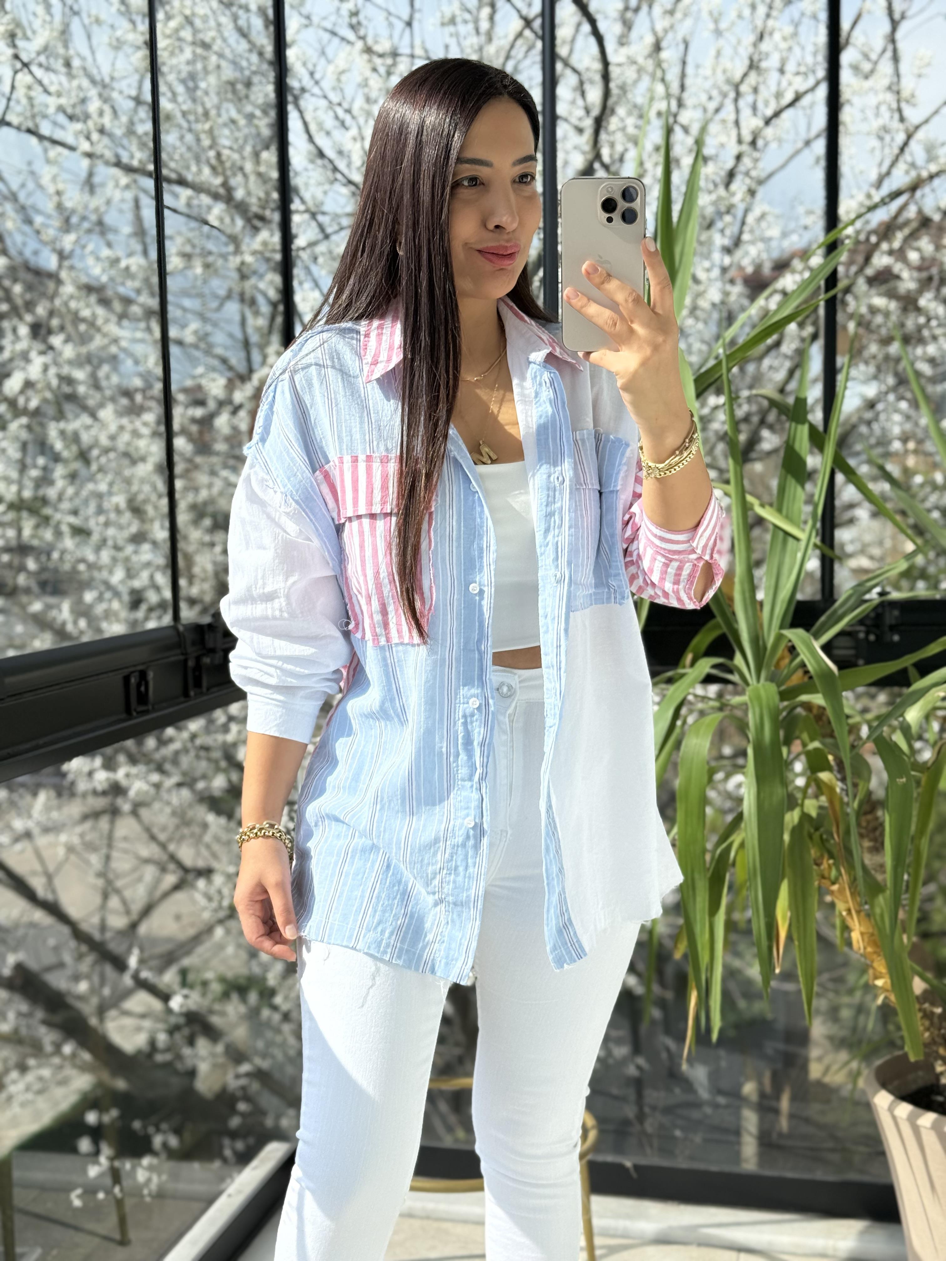 Cep Detaylı Çizgili Pamuklu Gömlek Beyaz