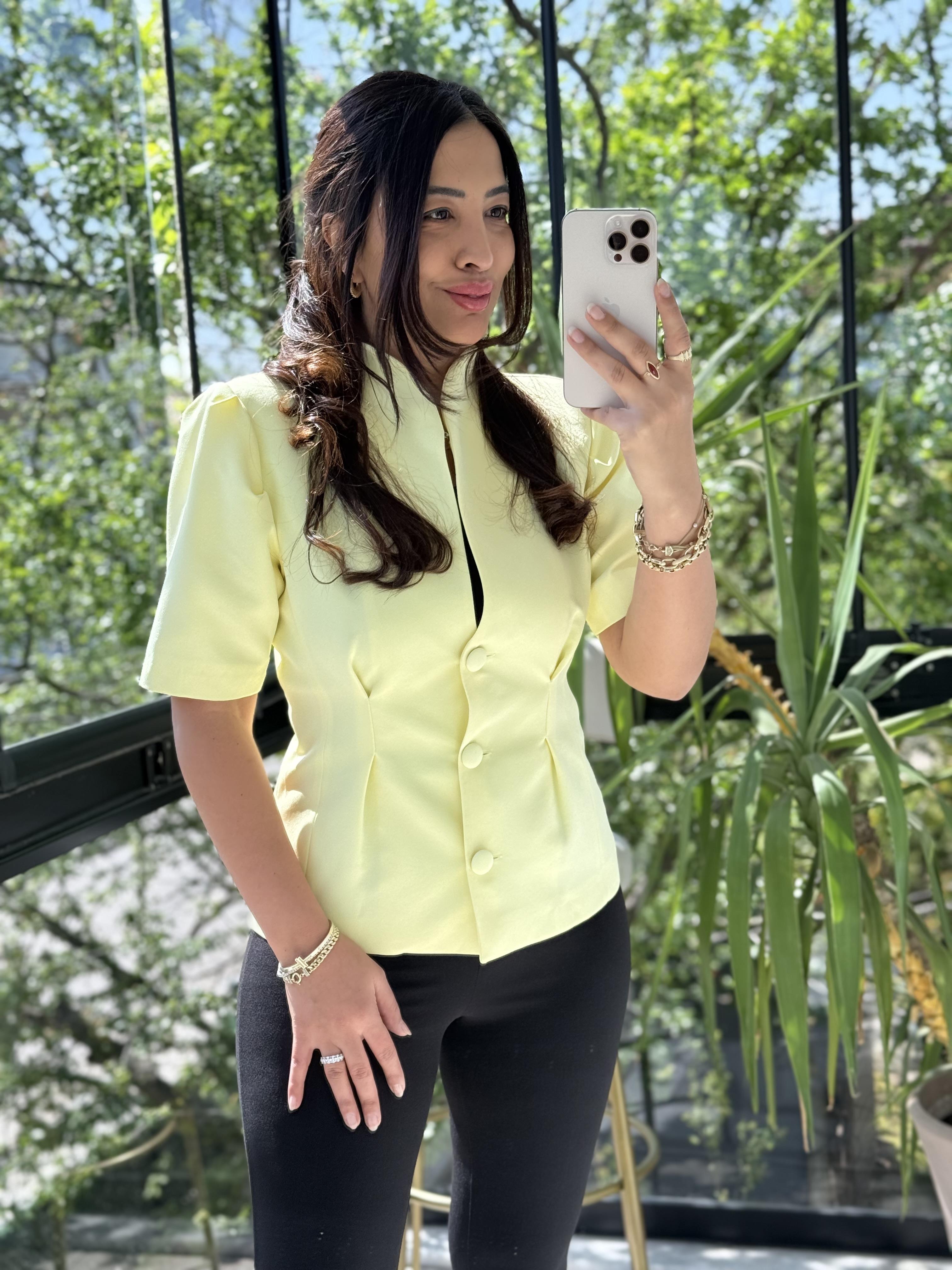 Pileli 3 Düğme Kısa Kol Ceket Sarı