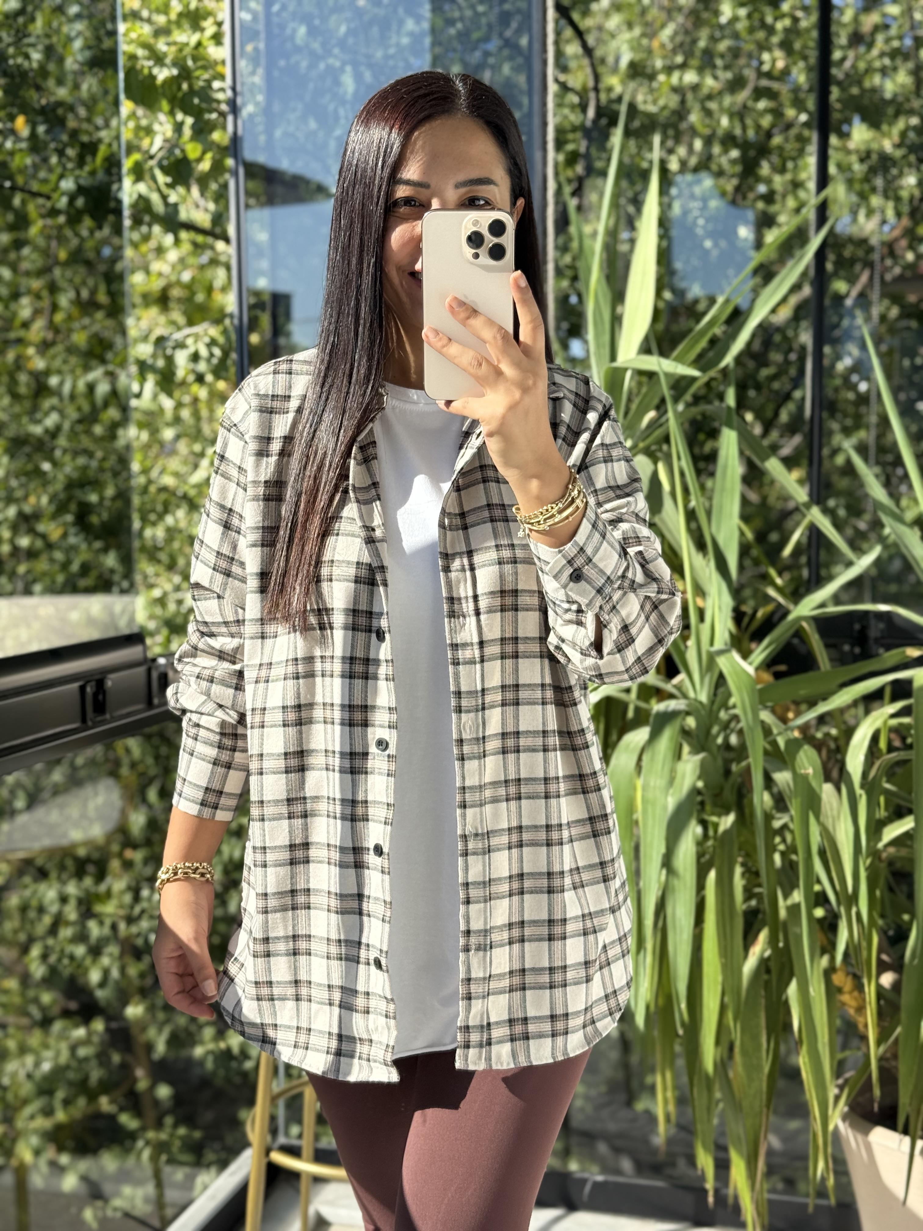 Ekoseli Oversize Gömlek Bej