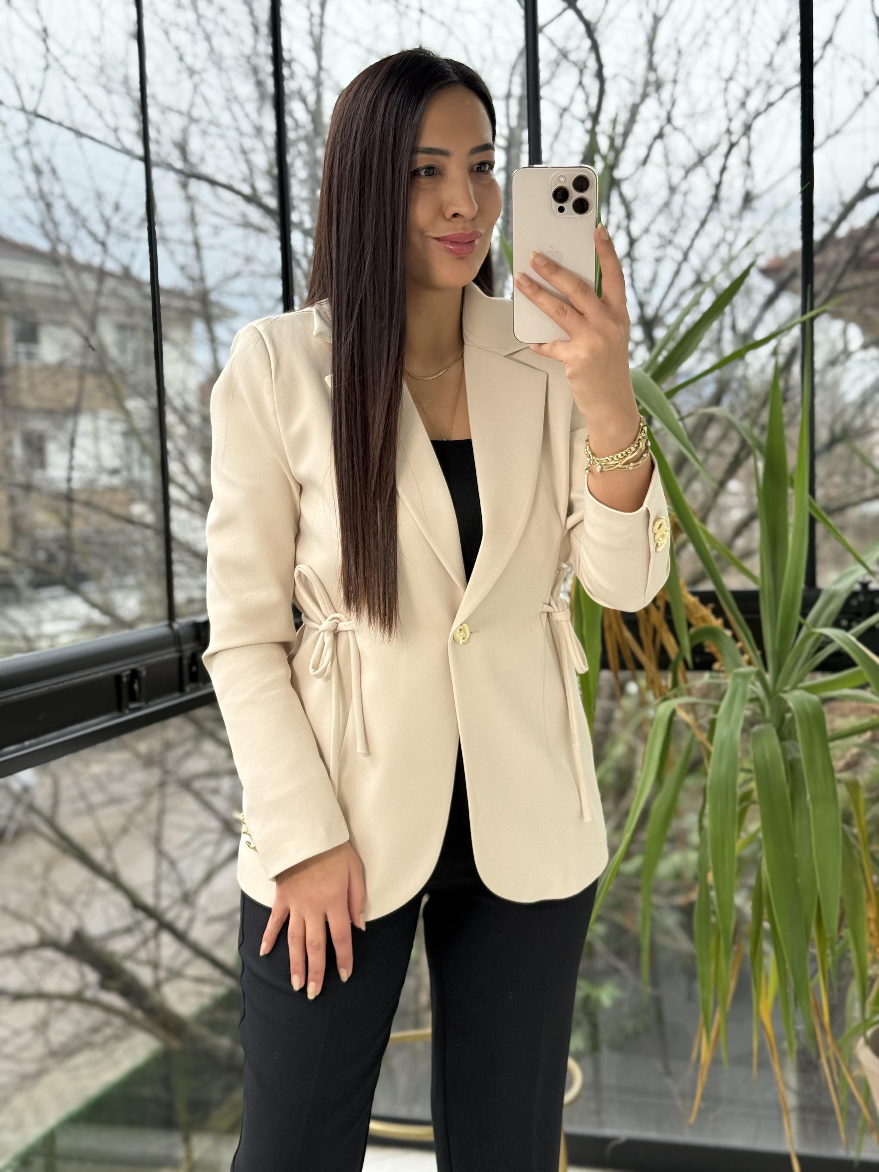 Yanı Bağcıklı Slim Blazer Ceket Taş