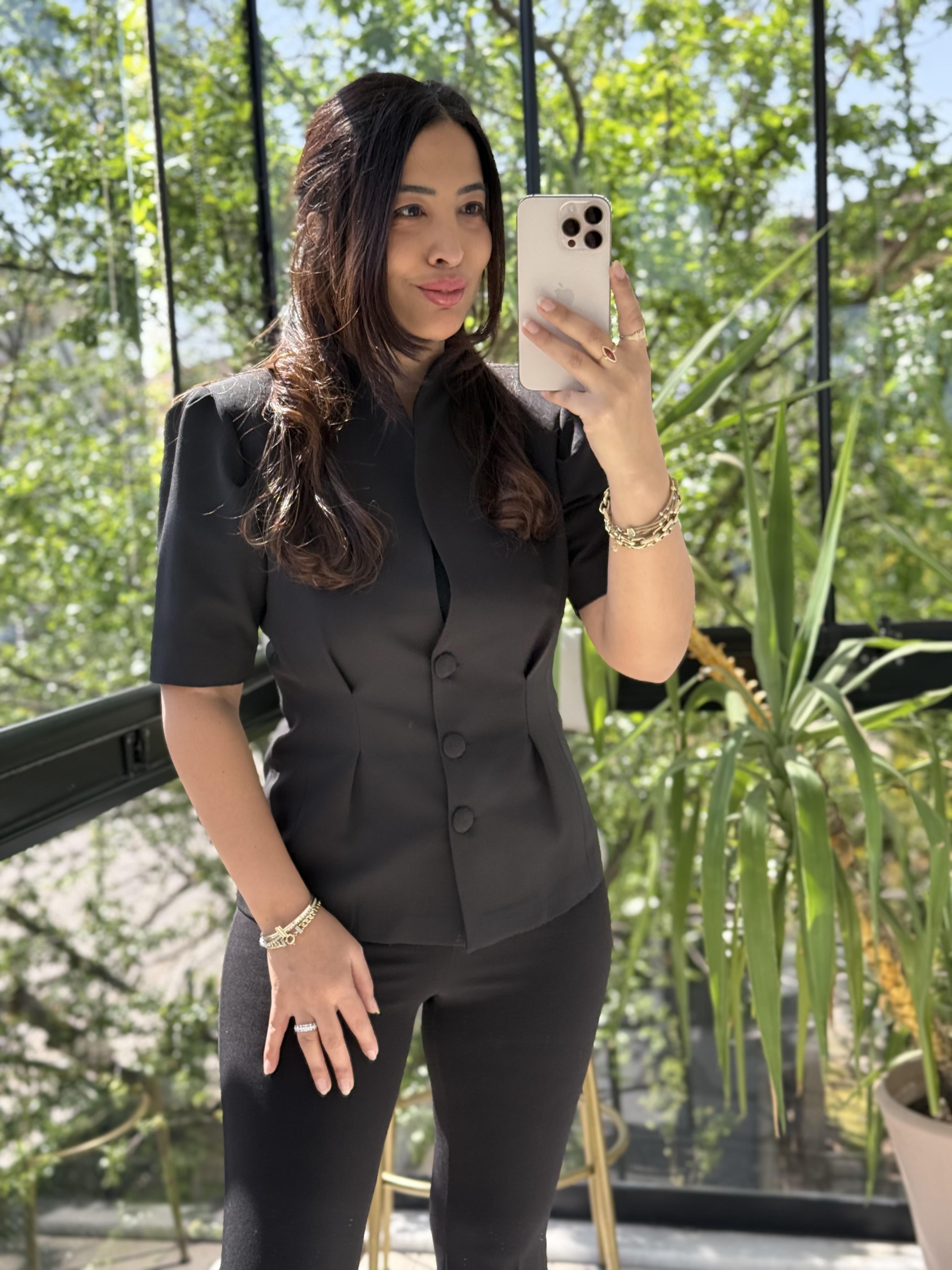 Pileli 3 Düğme Kısa Kol Ceket Siyah