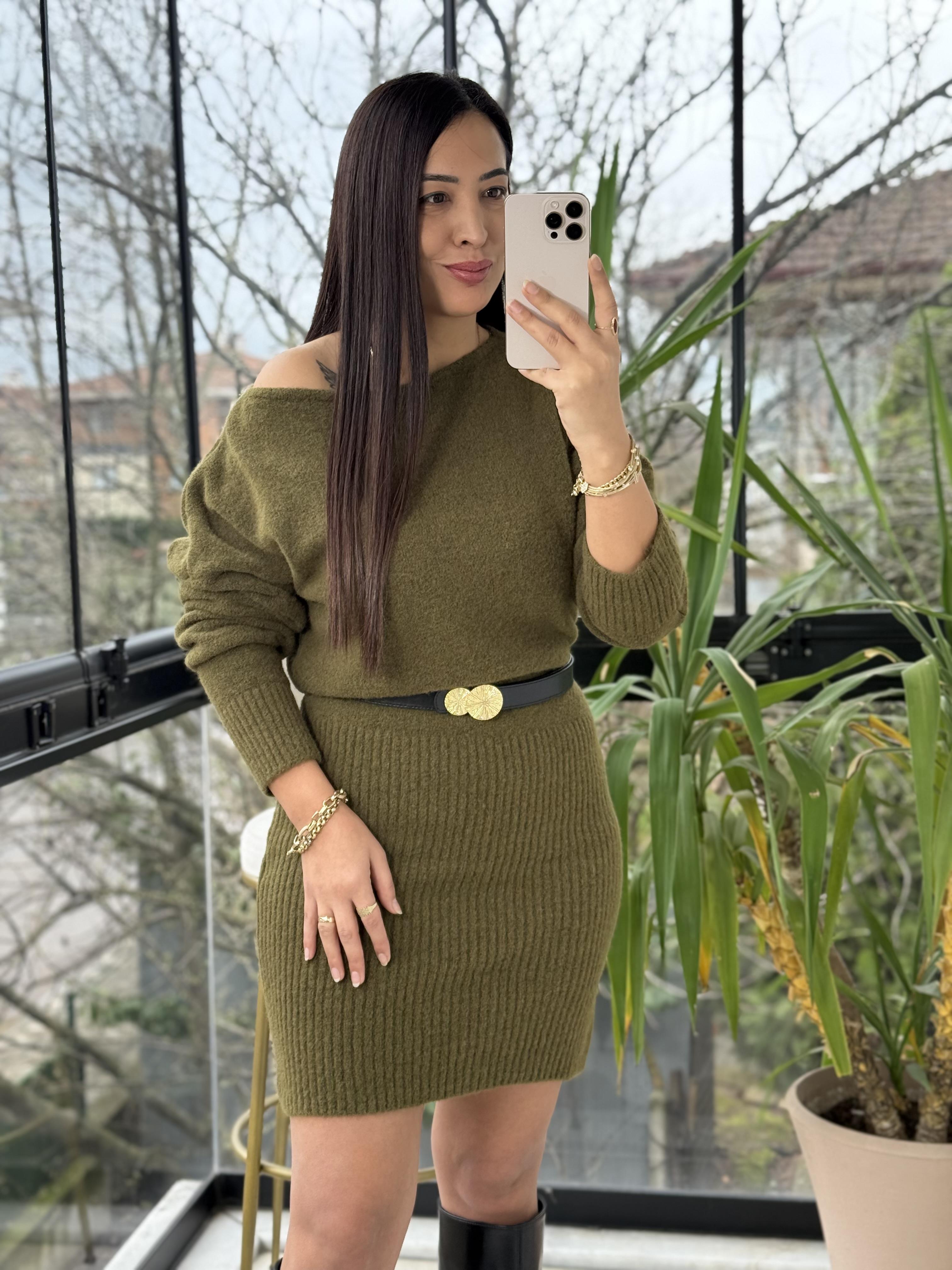 Kısa Kazak Elbise Haki Yeşili