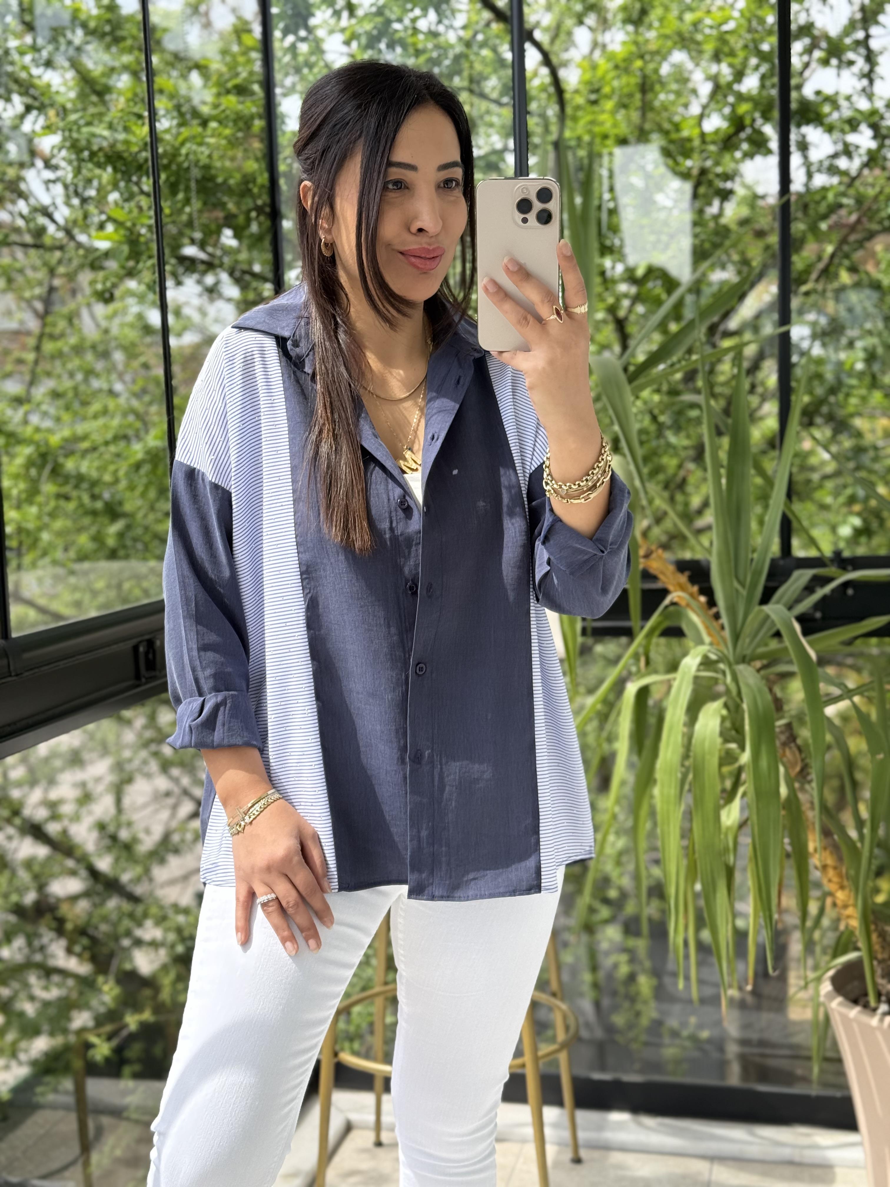 Mix Kumaş Taşlı Gömlek Lacivert