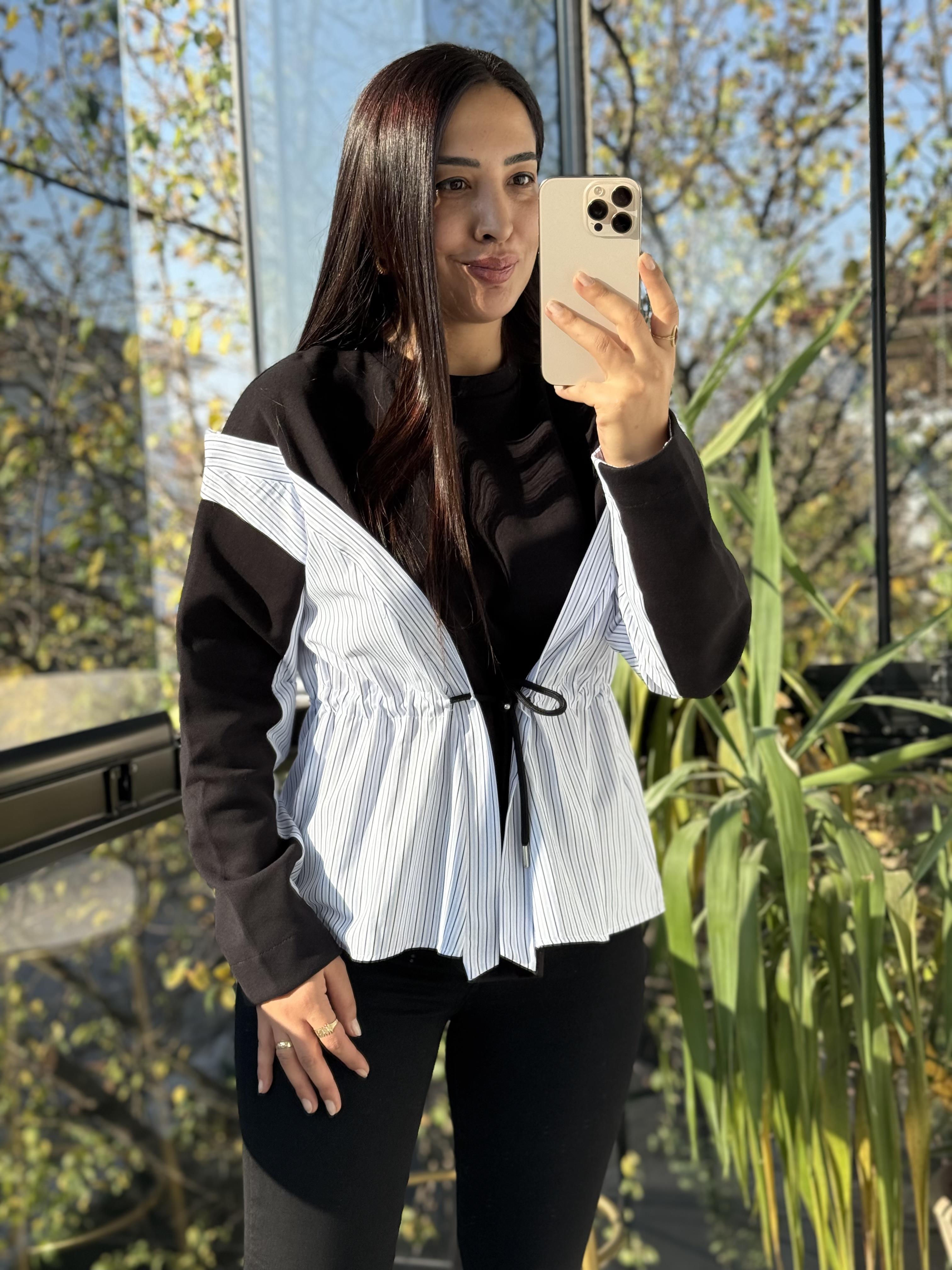 Parçalı Yanı Bağcıklı Sweatshirt Siyah