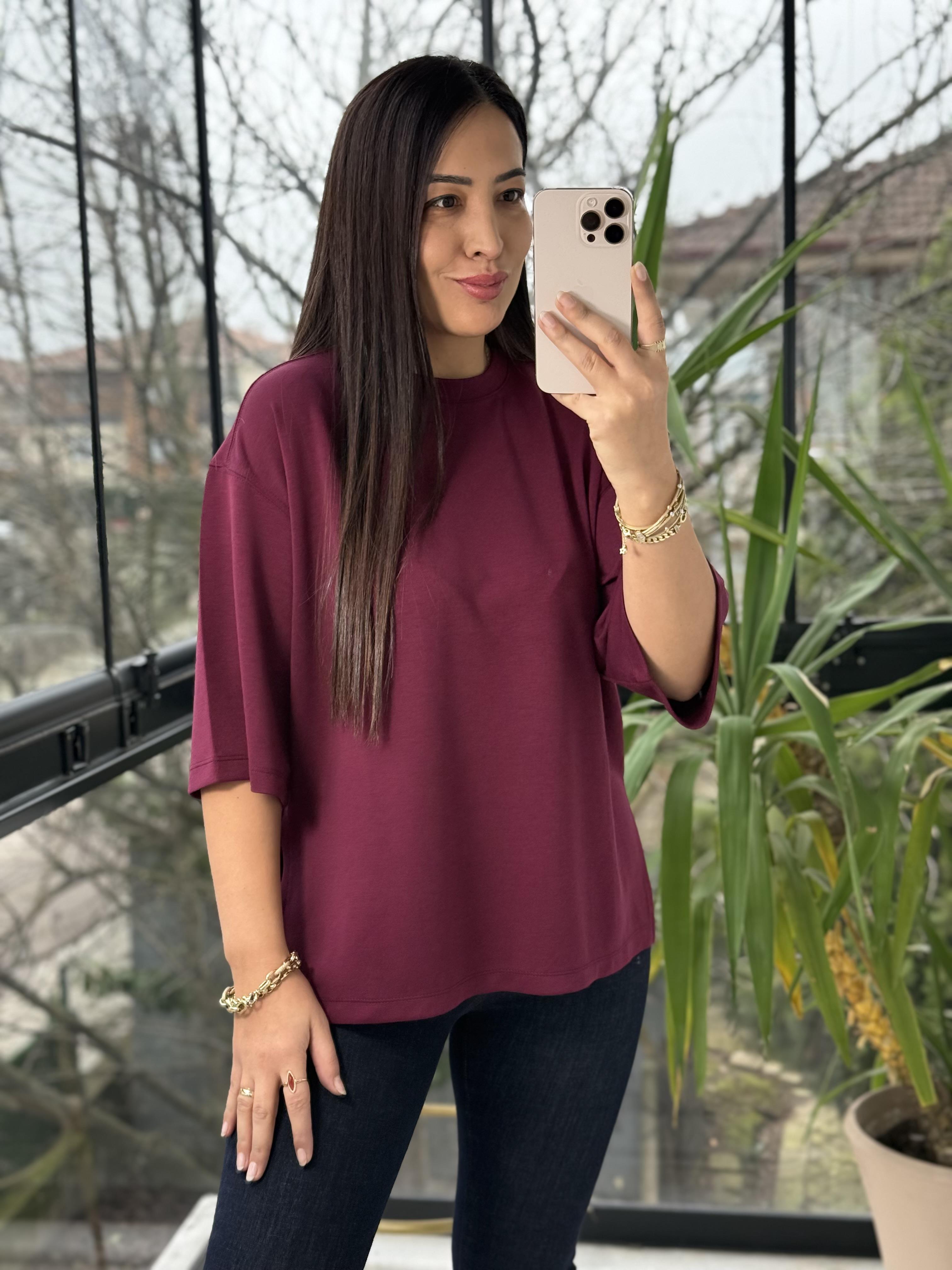 Oversize Yanları Yırtmaçlı Modal Tişört Bordo