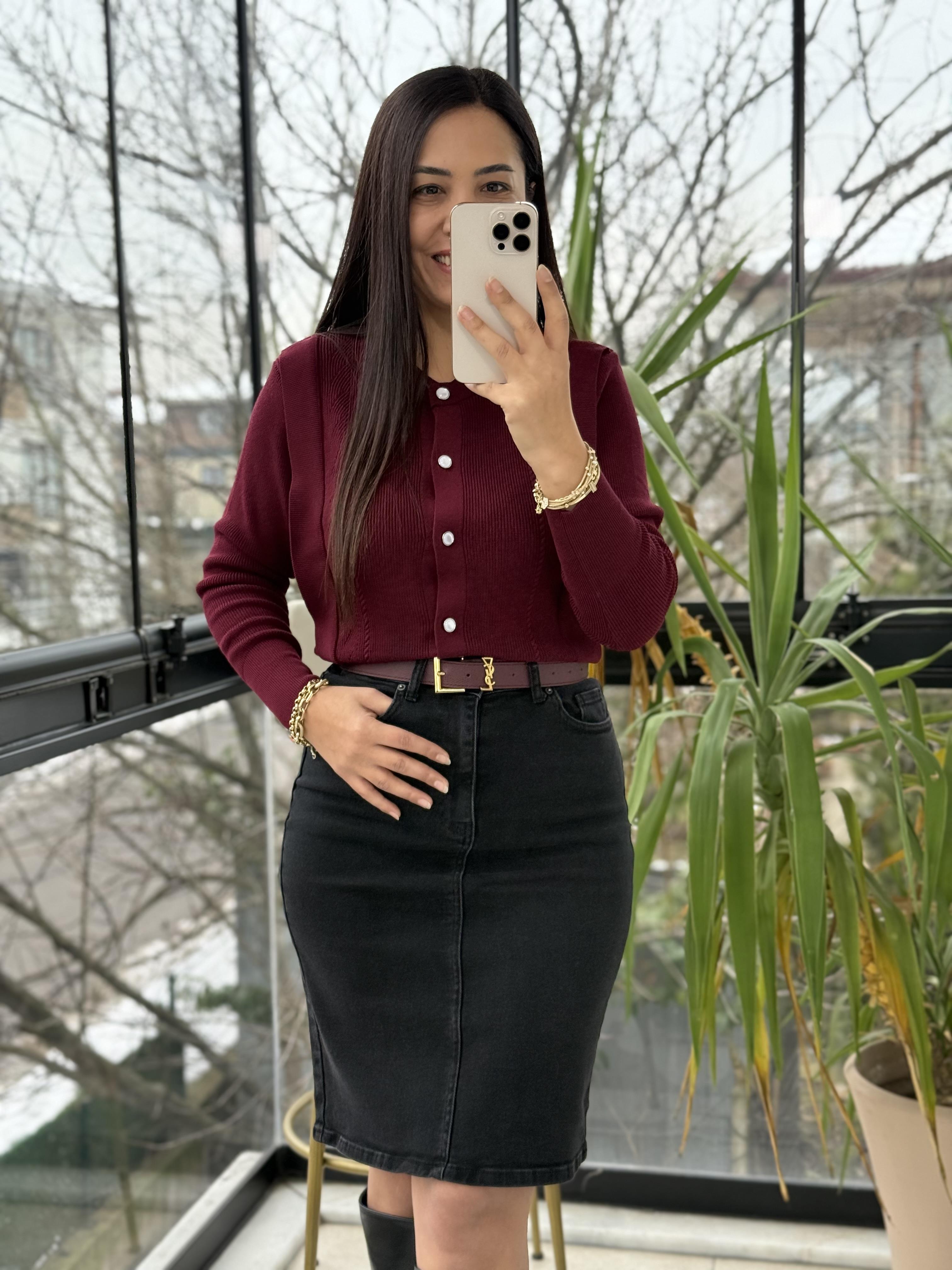 Triko Detaylı Bluz Bordo