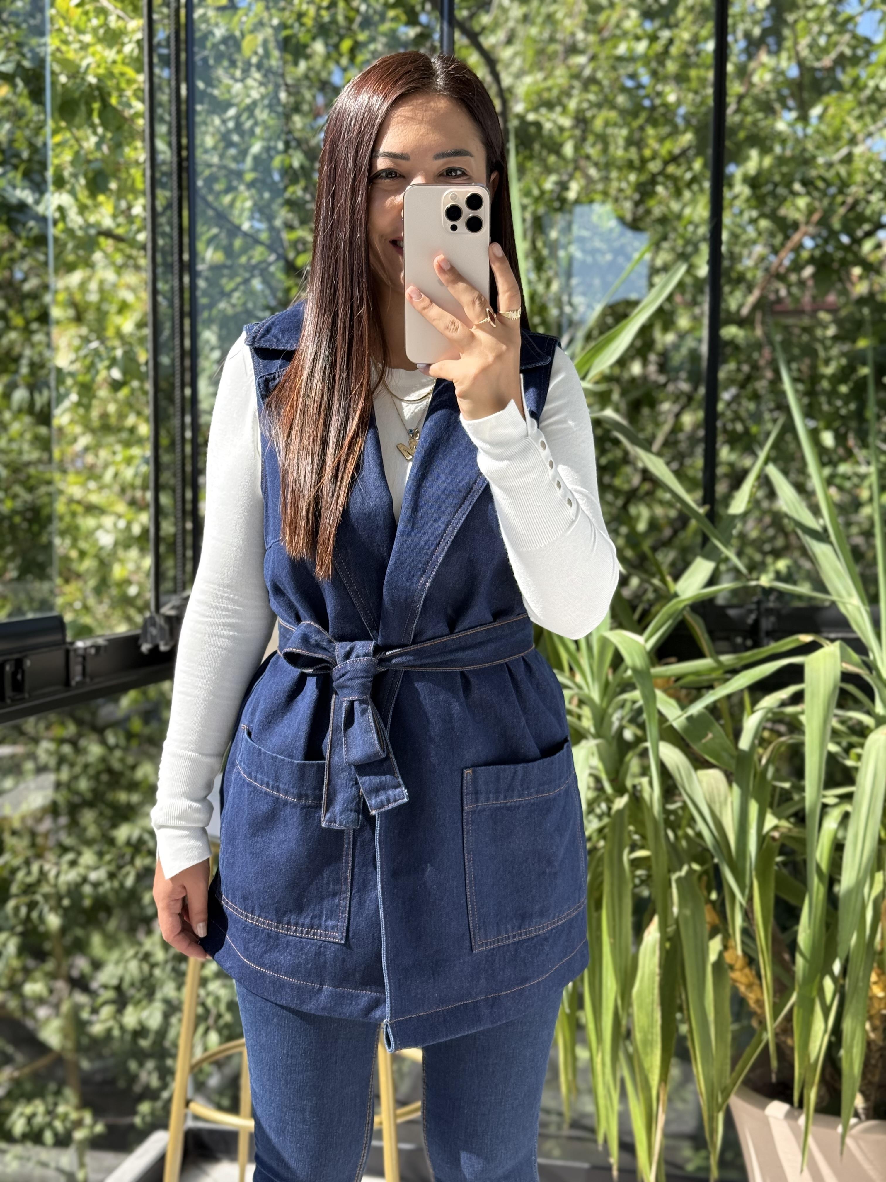 Kuşaklı Kruvaze Yaka Yelek Lacivert