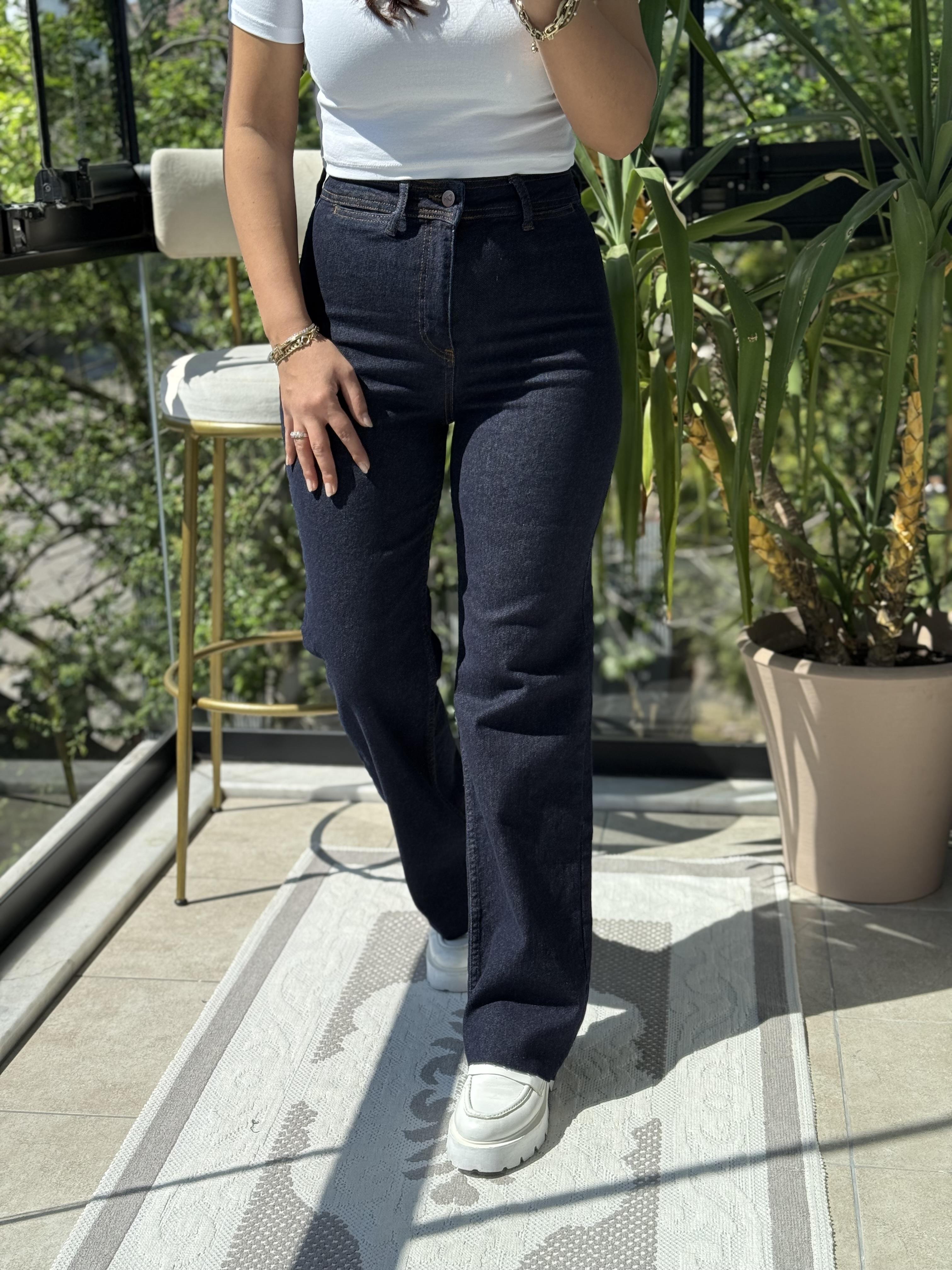 Dekoratif Cep Detaylı Palazzo Kot Pantolon Slaplı Lacivert