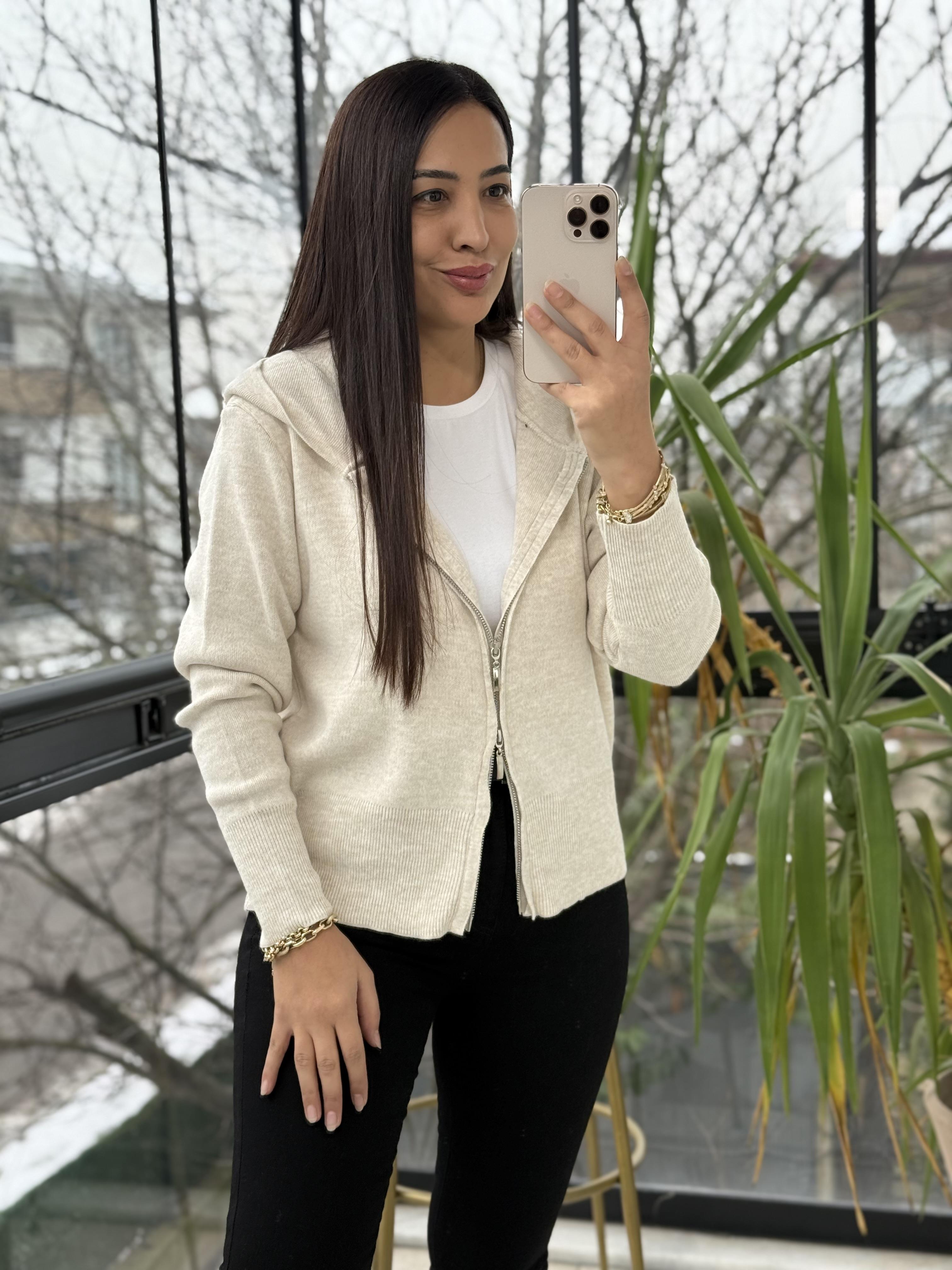 Çift Fermuarlı Kapüşonlu Yumoş Basic Hırka Krem