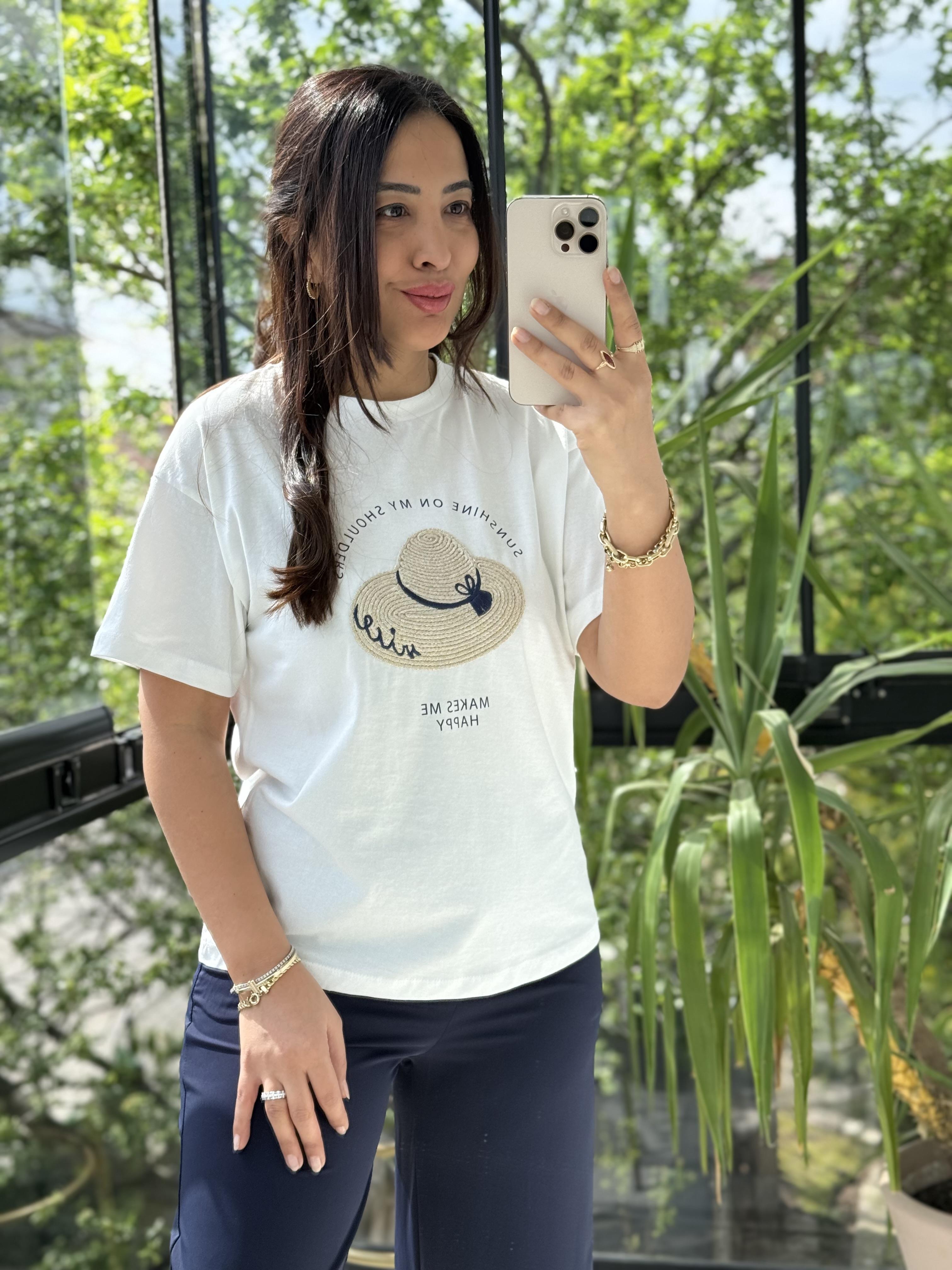 Hasır Şapkalı Tişört Ekru 