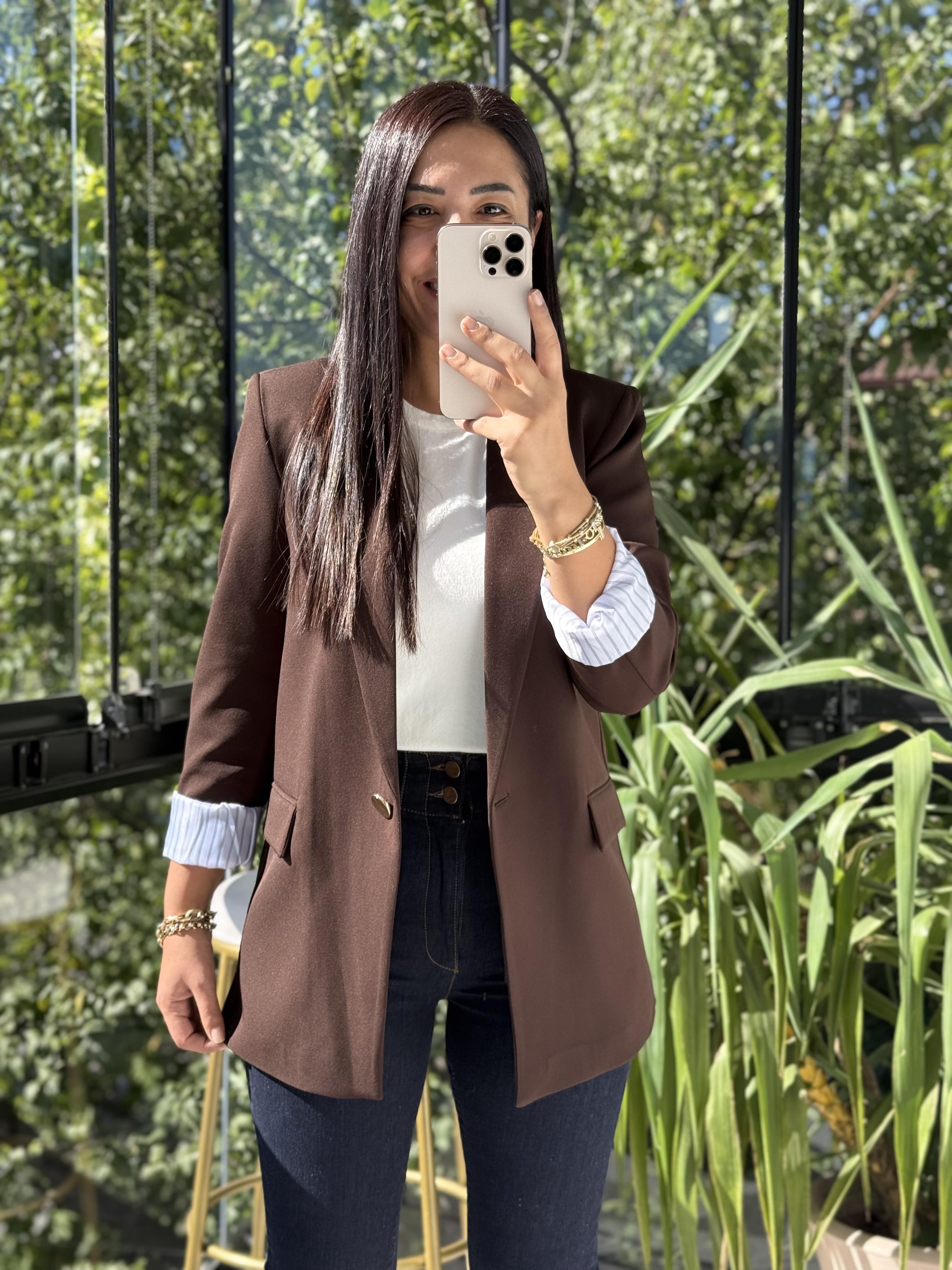 Kol Astarı Garnili Tek Düğme Blazer Ceket Kahve