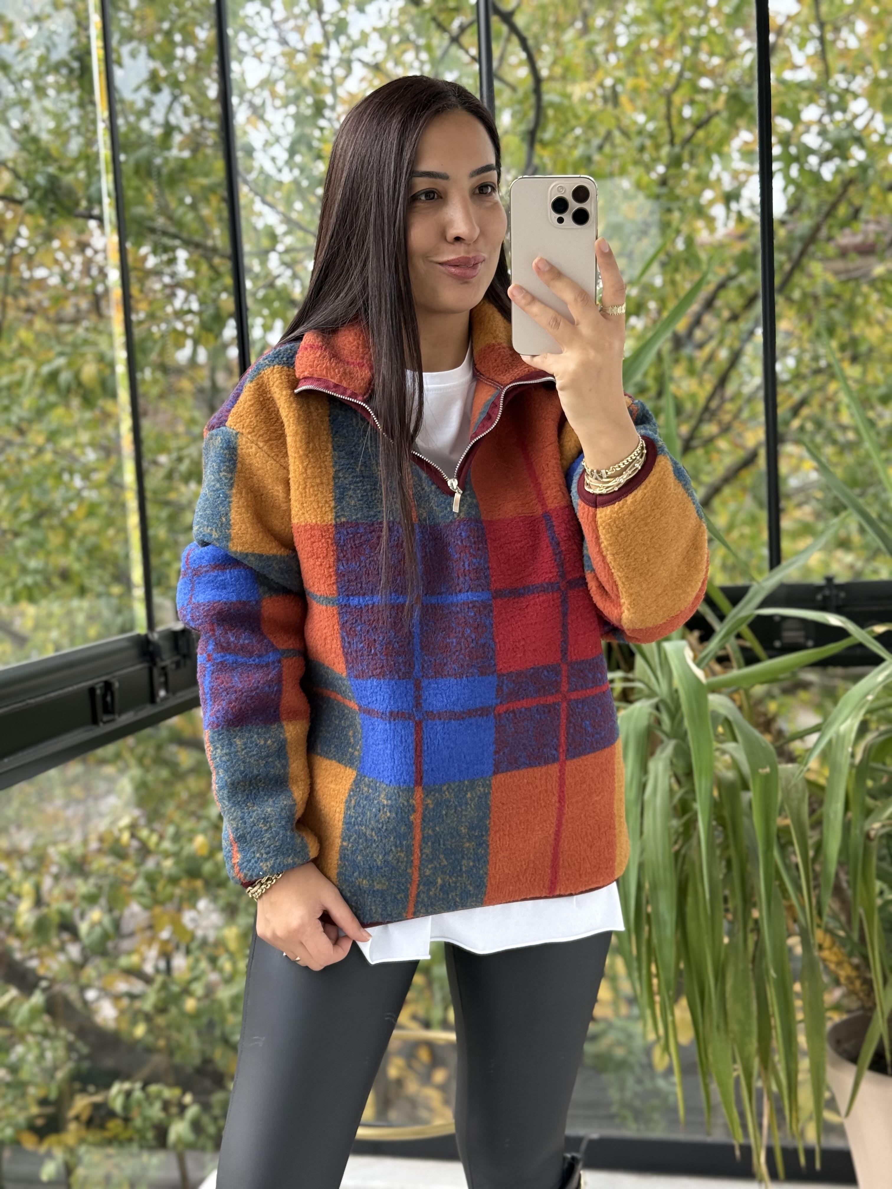 Desenli Fermuarlı Polar Sweat Bordo