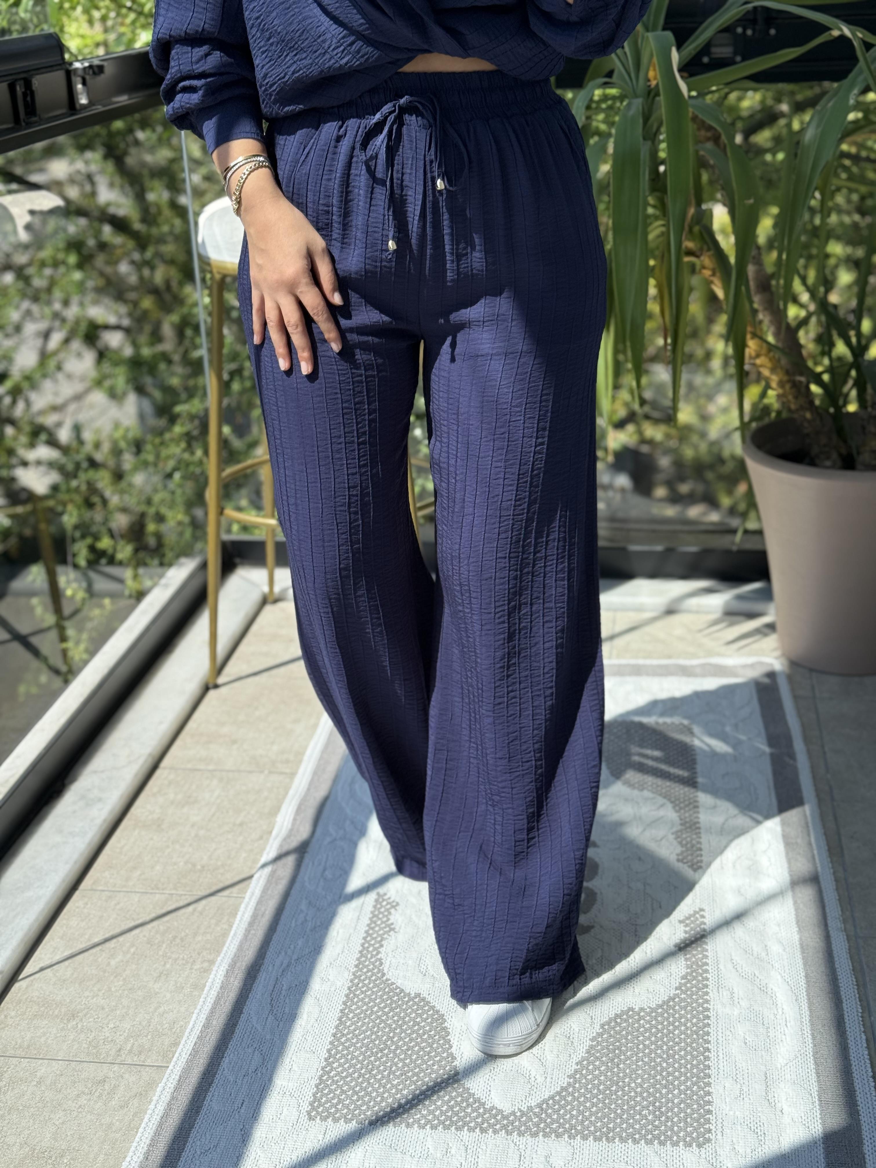 Dikiş Detaylı Palazzo Kumaş Pantolon Lacivert