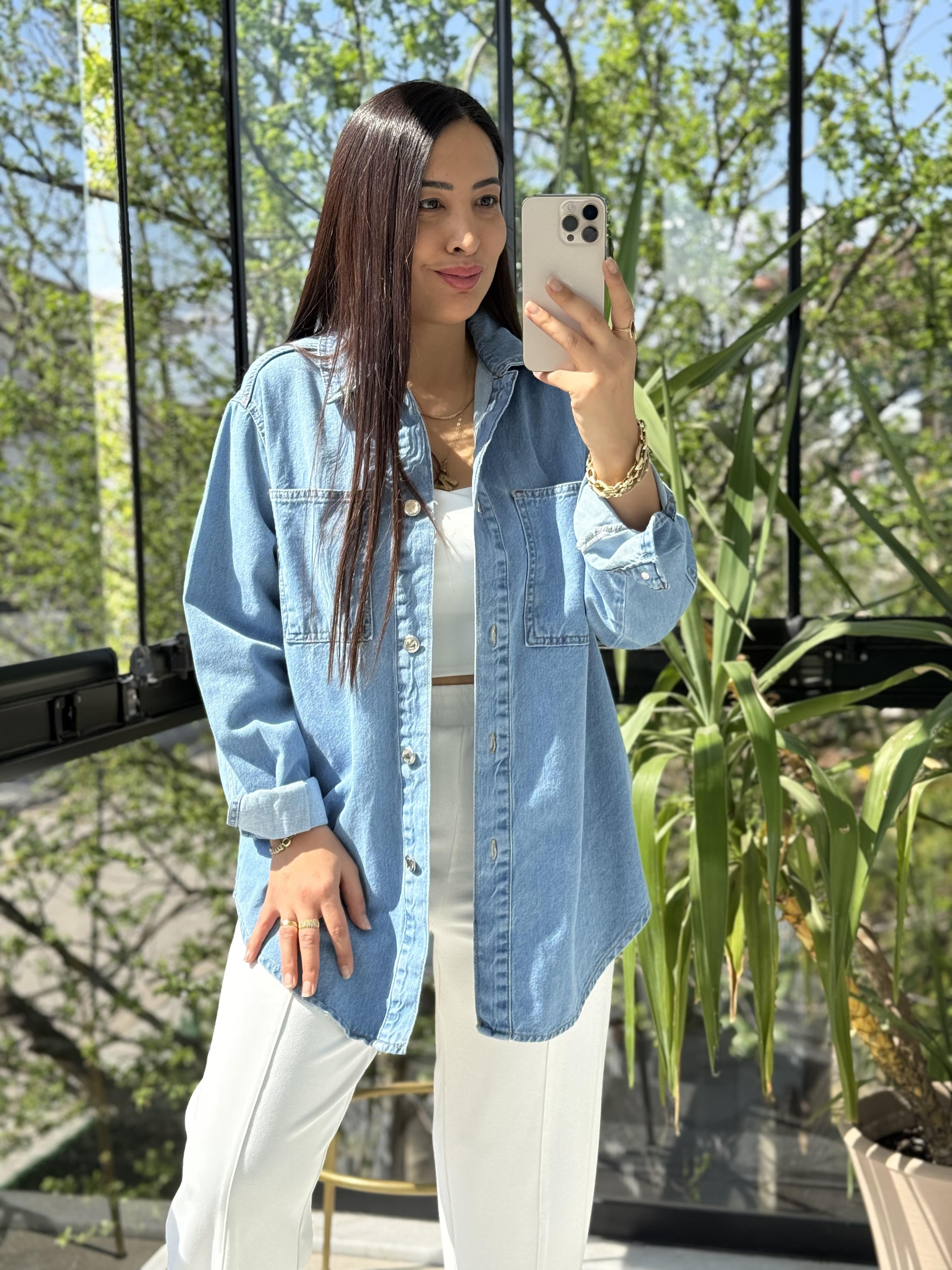 Düğmeli Oversize Gömlek Mavi