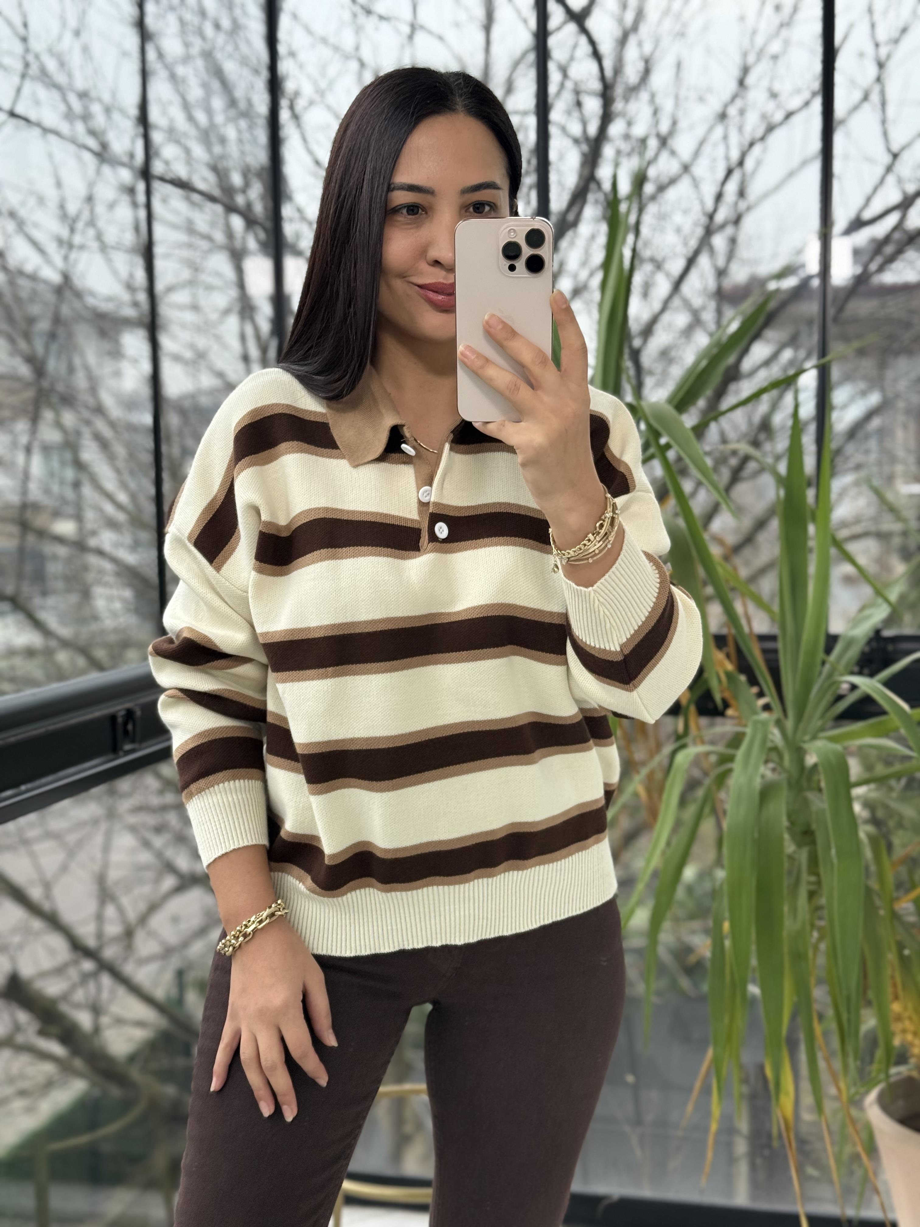 Polo Yaka Çizgili Triko Kazak Krem