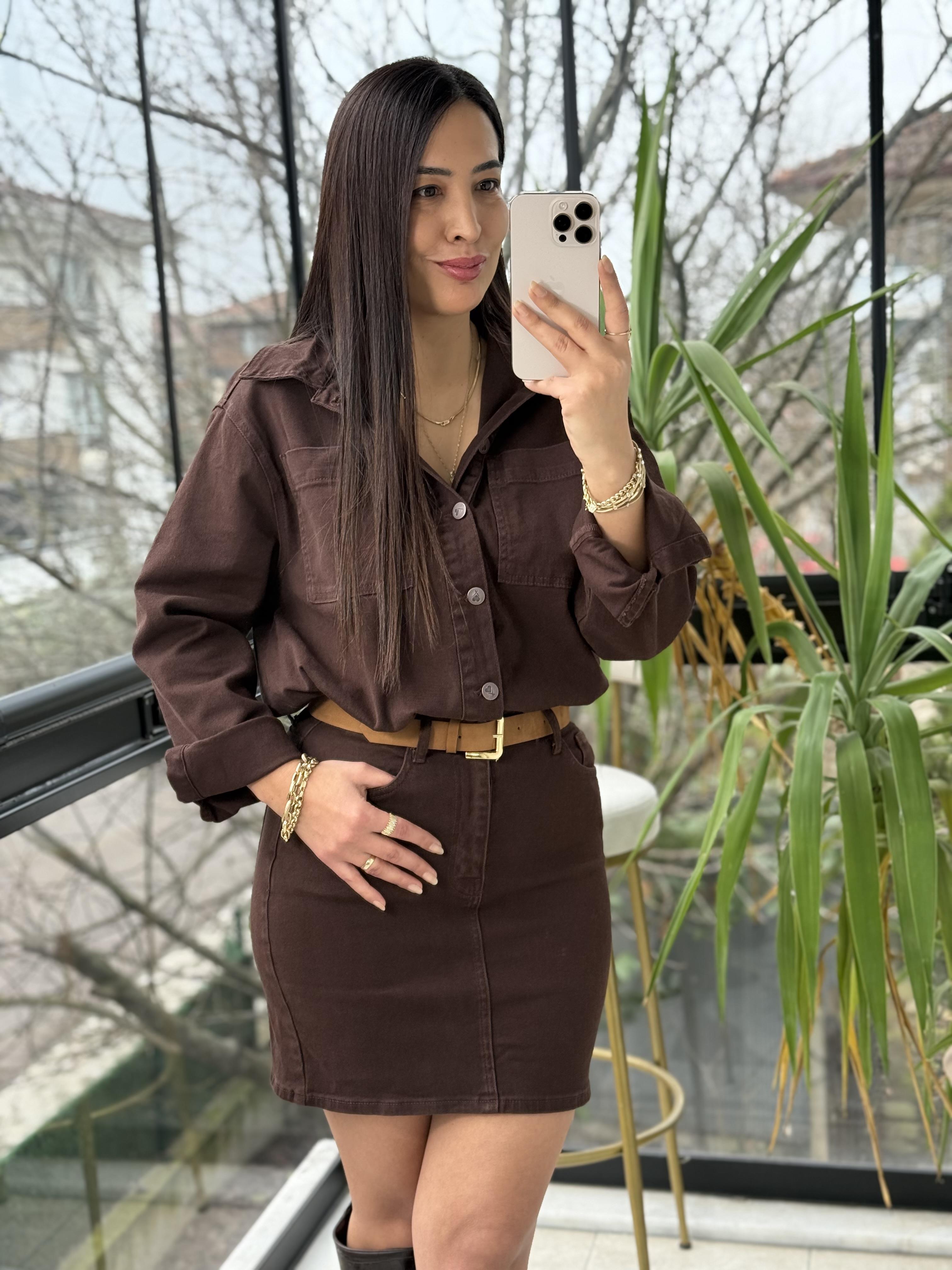 Düğmeli Mini Kot Elbise Kahve