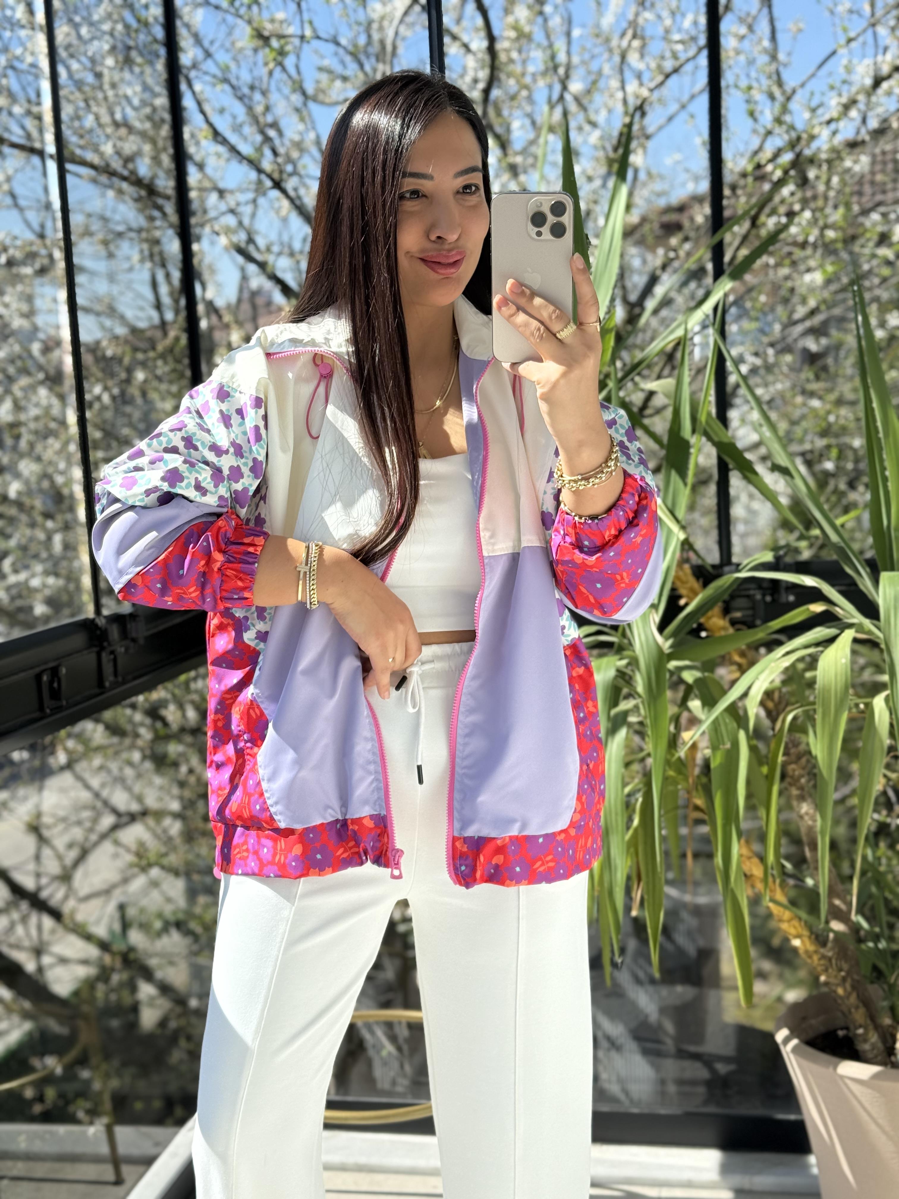 Çiçek Desenli Neon Ceket Lila